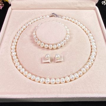 KUGI Perlenketten-Set Sterling Silber Perlenkette 7-8mm,halskette silber 925 (Eine Vielzahl von festlichen perfekten Geschenken, 7/8MM Choker Set für Frauen Mädchen Dekorationen), Natürliche Süßwasser Perle Halskette, Armband, Ohrringe