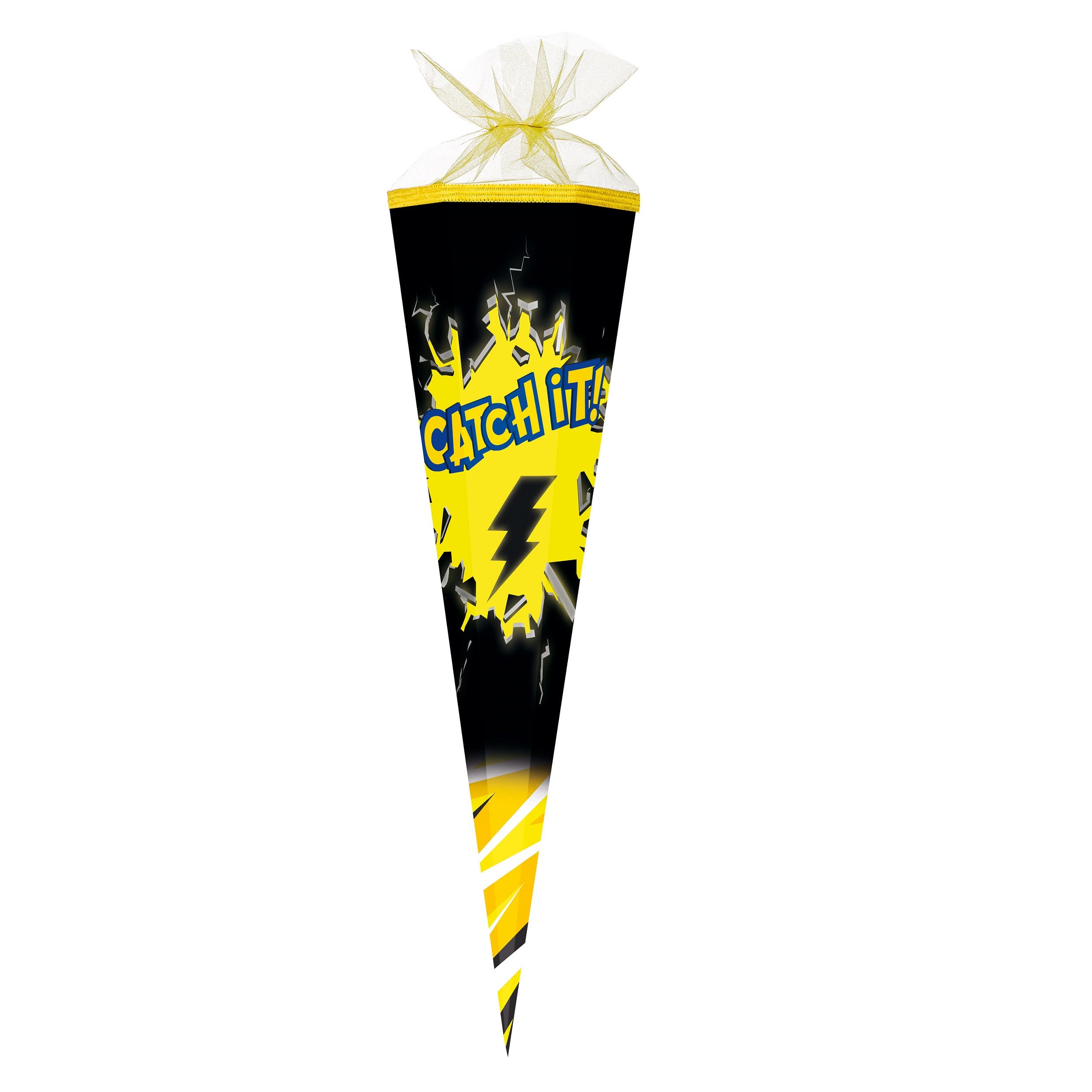 Nestler Schultüte "Catch It" schwarz gelb mit Blitzen passend zu Pokémon, Zuckertüte 85cm (zum Schulanfang / Einschulung)