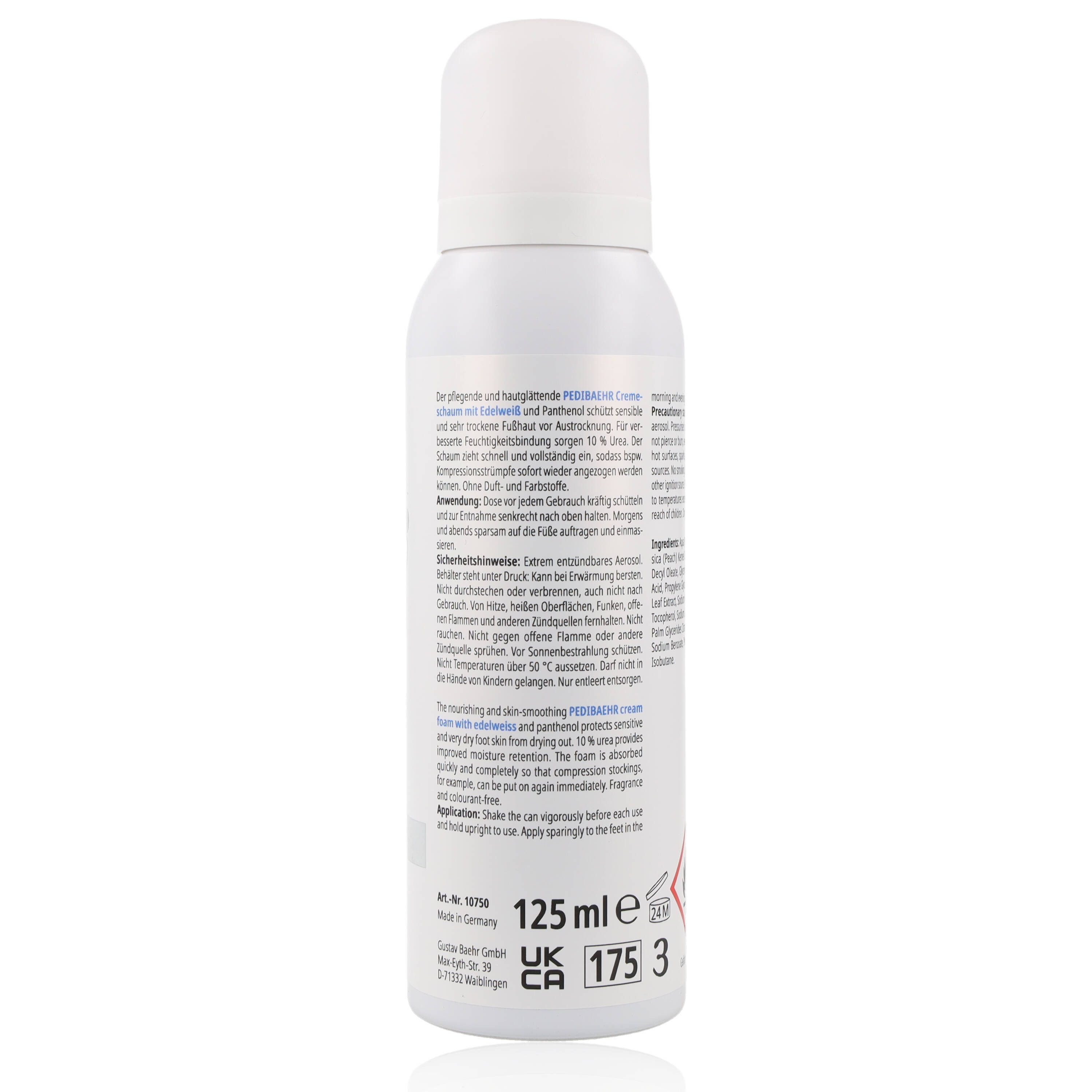 Pedibaehr Fußschaum Pedibaehr Fuß-Cremeschaum mit Edelweiß-Extrakt 125ml alle Hauttypen, Diabetiker geeignet, 1-tlg., mit Pfirsichkernöl, Panthenol, 10% Urea für sehr trockene, raue Haut