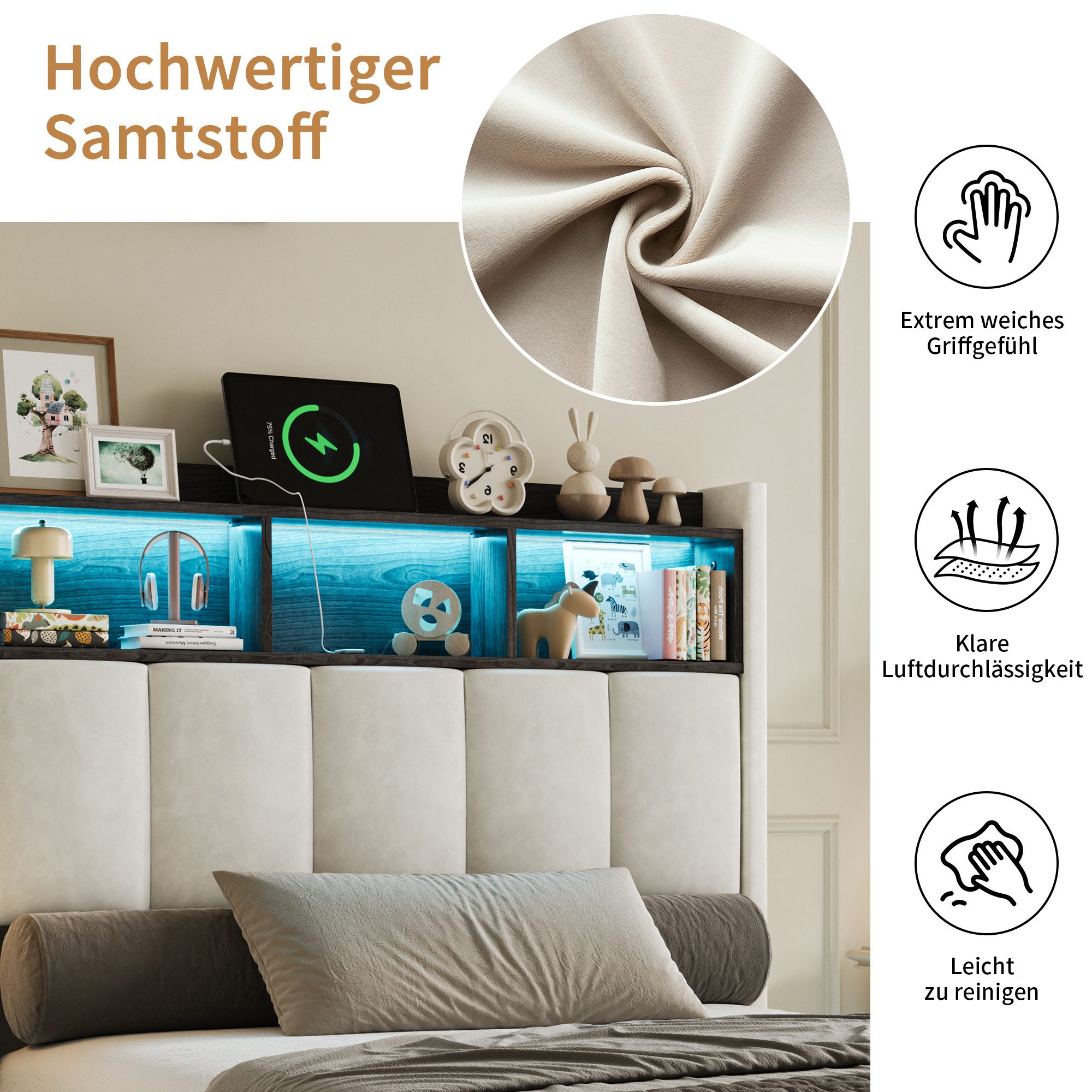 Furnishings Home Polsterbett 90x200 cm, LED Stauraumbett Jugendbett (1-tlg., Samtmaterial, Komforthöhe, Leises Design Bett), Mit Ladefunktion und Bettkasten LED – Bild 4 von 5