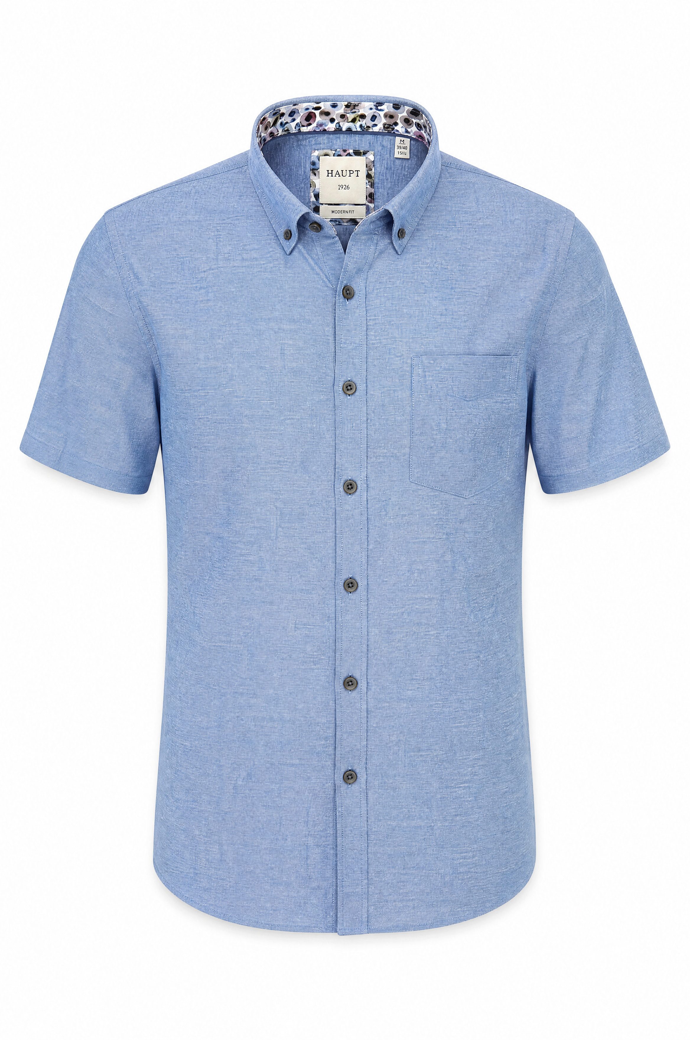 Haupt Kurzarmhemd Kurzarm Herrenhemd aus Baumwolle-Leinen Blau Modern Fit Sommer