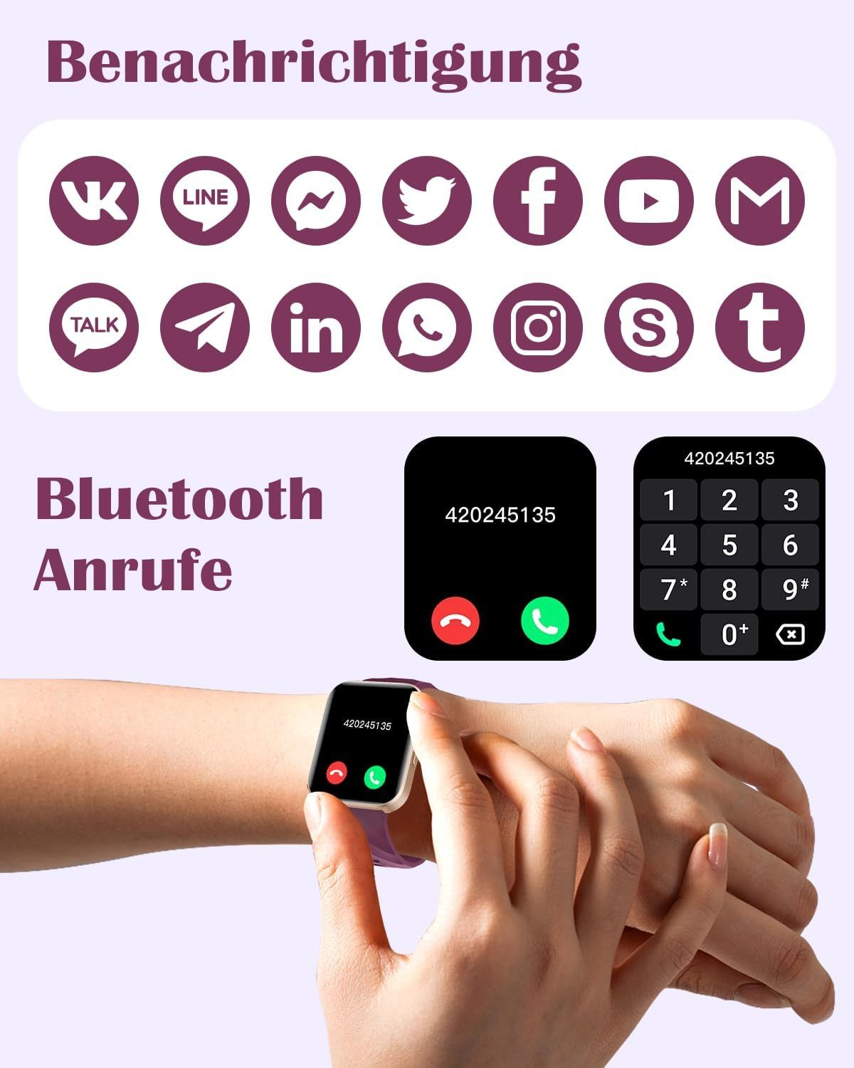 RUIMEN ‎ D1 Smartwatch (4.7 cm, AndroidiOS), Telefonfunktion Fitness Tracking Herzfrequenz Musik Steuerung Akku