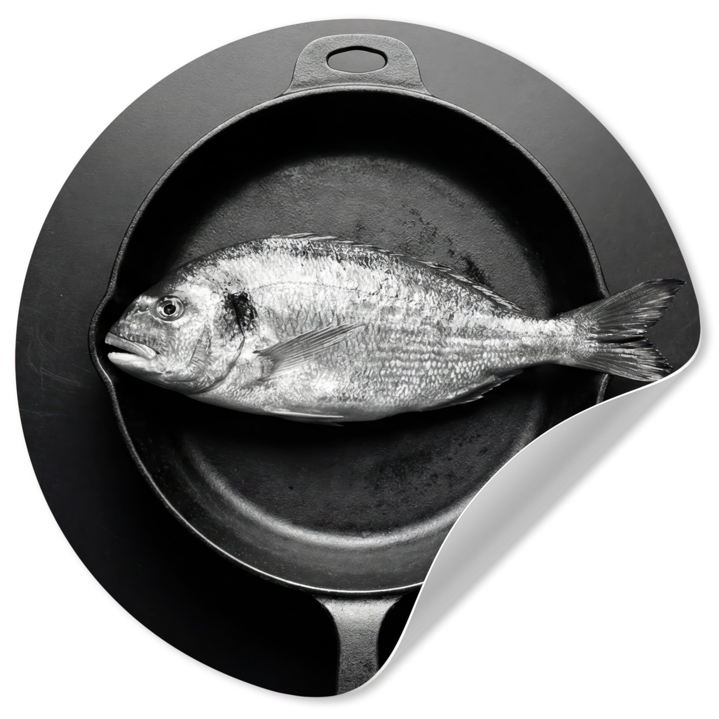 MuchoWow Wandsticker Pfanne - Fisch - Schwarz - Weiß (1 St), Wandtattoo Selbstklebend, Wohnzimmer Deko Aufkleber, 30x30 cm