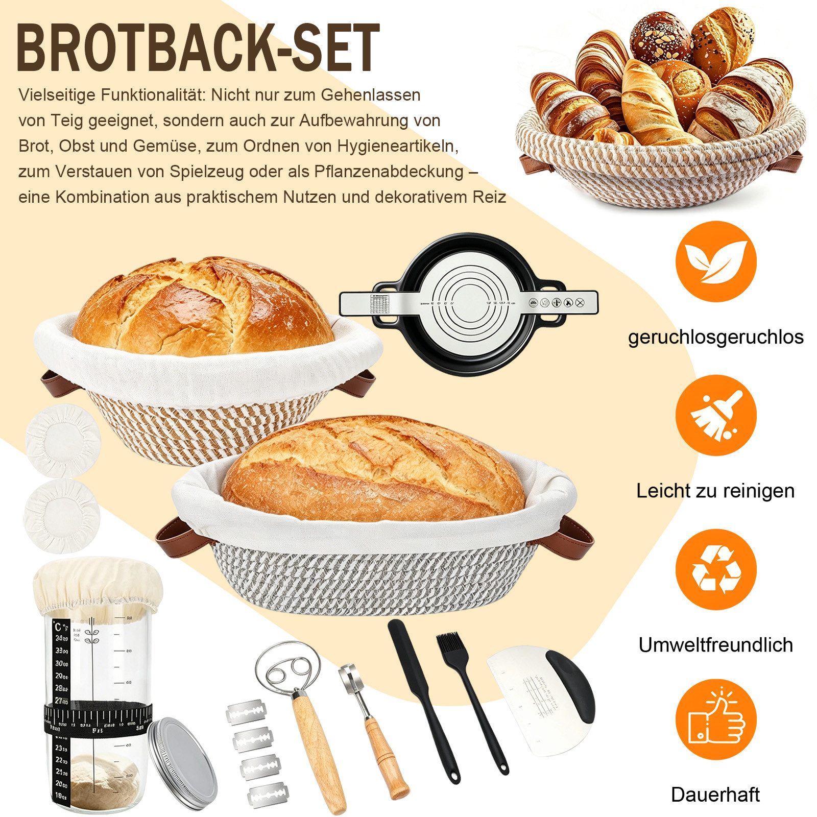 AKKEE Gärkorb 21-teilig Sauerteig-Starter-Set mit Liner Gärkörbchen für Brotteig, Komplettset zum Brotbacken für Anfänger und erfahrene Hobbybäcker – Bild 5 von 5