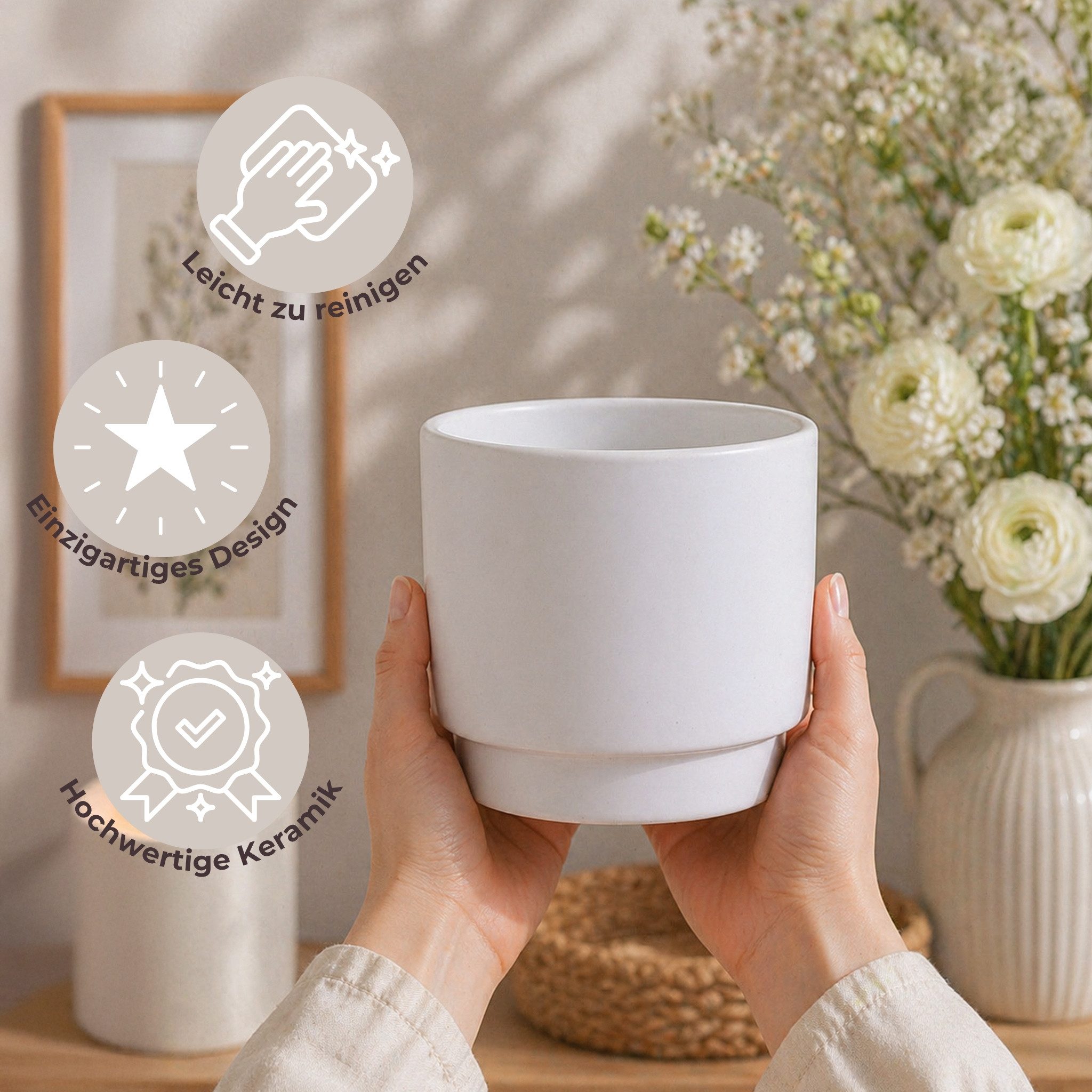 matches21 HOME & HOBBY Blumentopf Übertöpfe in Ø 10,5 cm, Weiße Blumentöpfe im 2er Set (2 St), Blumenübertöpfe aus Keramik für Zimmerpflanzen