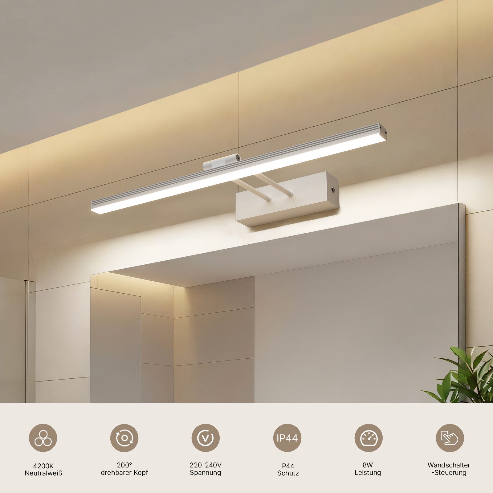 EMKE LED Spiegelleuchte Wandleuchte 40cm drehbar Badezimmer, LED fest integriert, Kaltweiß, Neutralweiß, IP44 Wasserdihct 4200K/6500K Kaltweiß Neutralweiß Licht