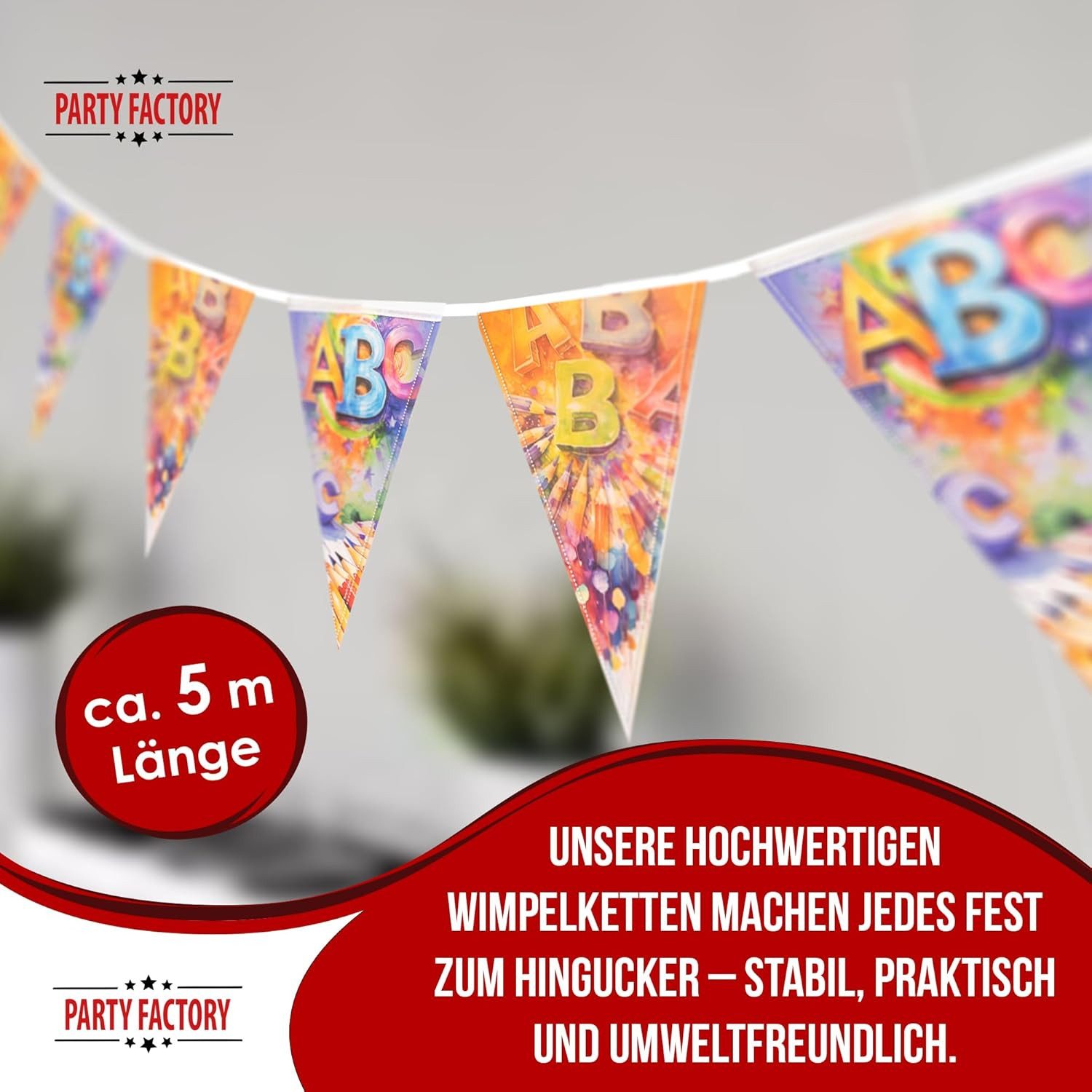 Party Factory Wimpelkette Back to School Wimpelkette 4–5 m – Deko für Einschulung & Schulstart, robust und widerverwendbar