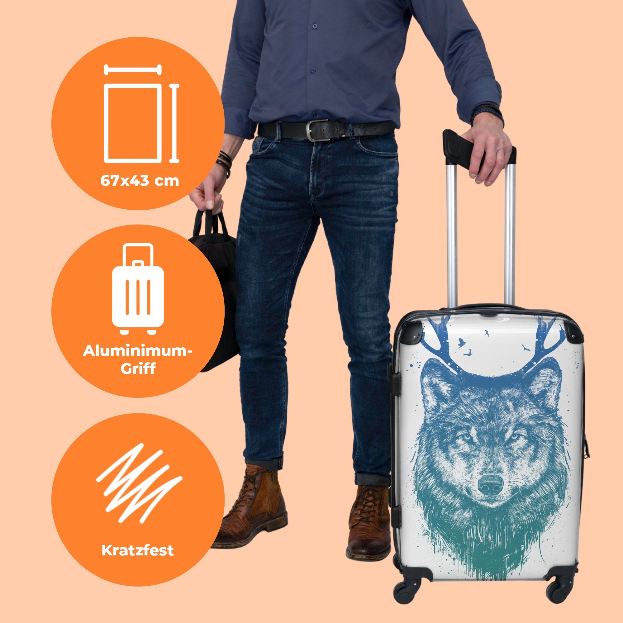 NoBoringSuitcases.com© Koffer 67x43x25cm Wolf - Geweih Große Aufgabegepäck mit Rollen - Rollkoffer Reisekoffer Weiß - - Trolley Tiere, Rollen, 4 4