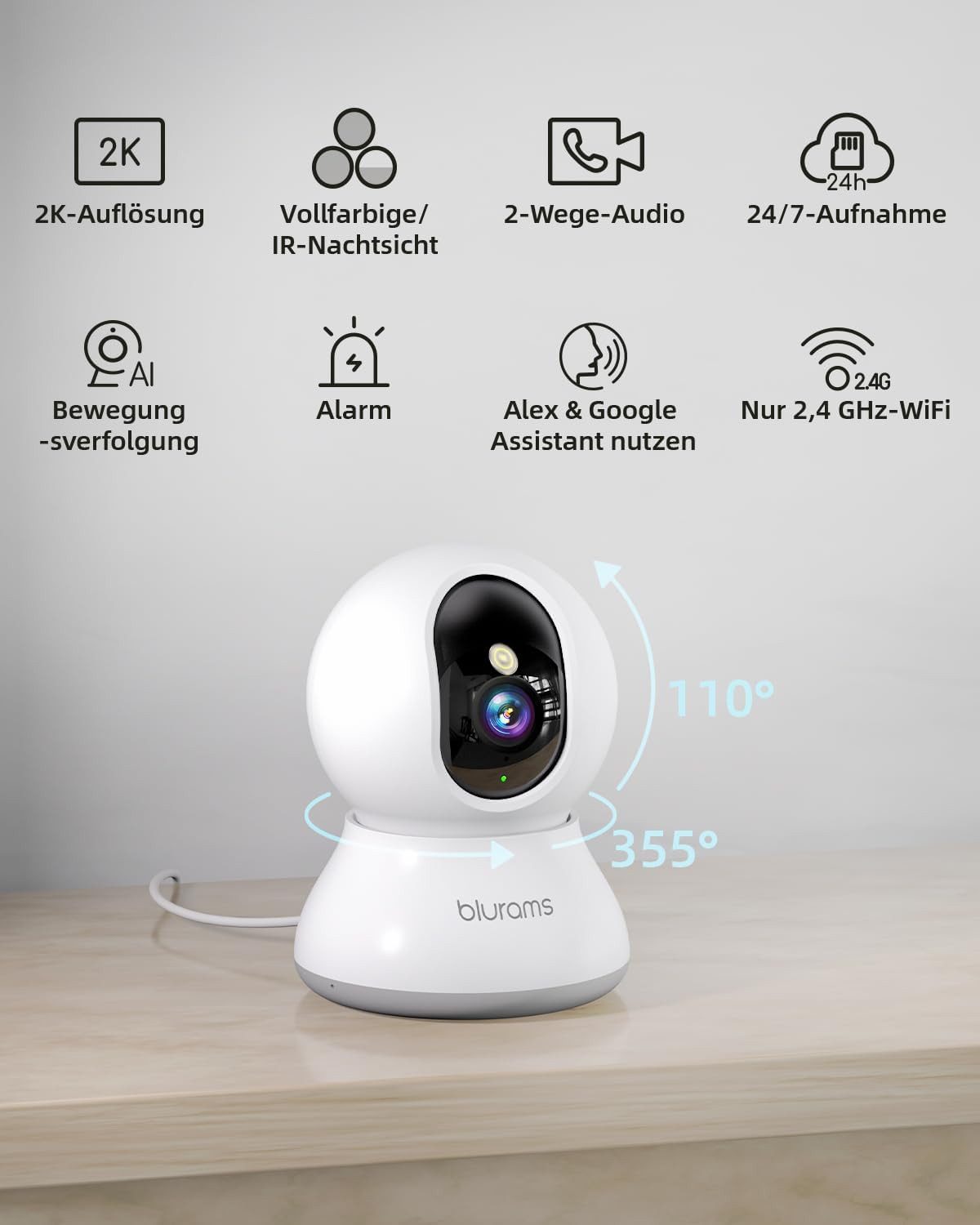 Blurams Überwachungskamera 2K 360° WLAN Kamera mit Bewegungserkennung (Innen, 1-tlg., Farbnachtsicht, 2-Wege-Audio, kompatibel mit Alexa und Google)