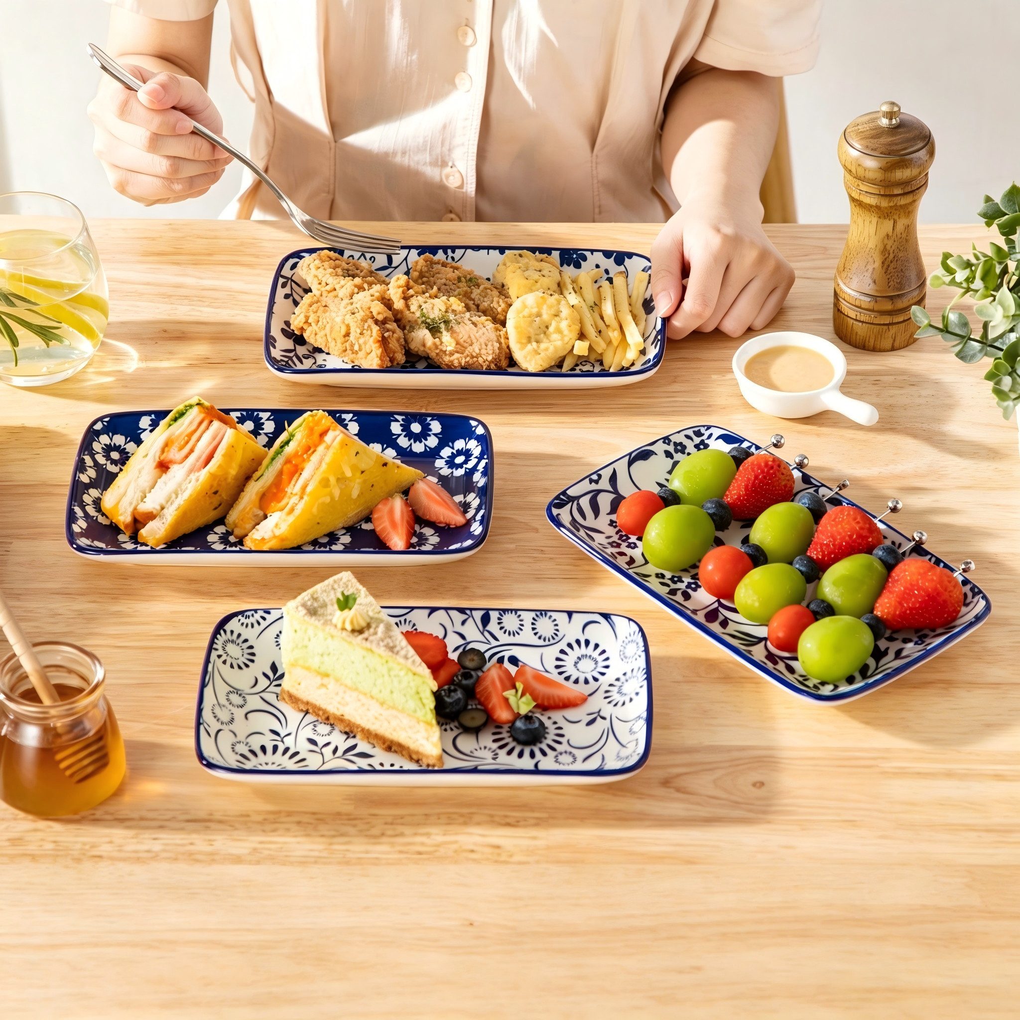 vancasso Sushiteller 6tlg Sushi-Platte, Porzellan Servierteller, rechteckig, Blau und Weiß, (6 St)