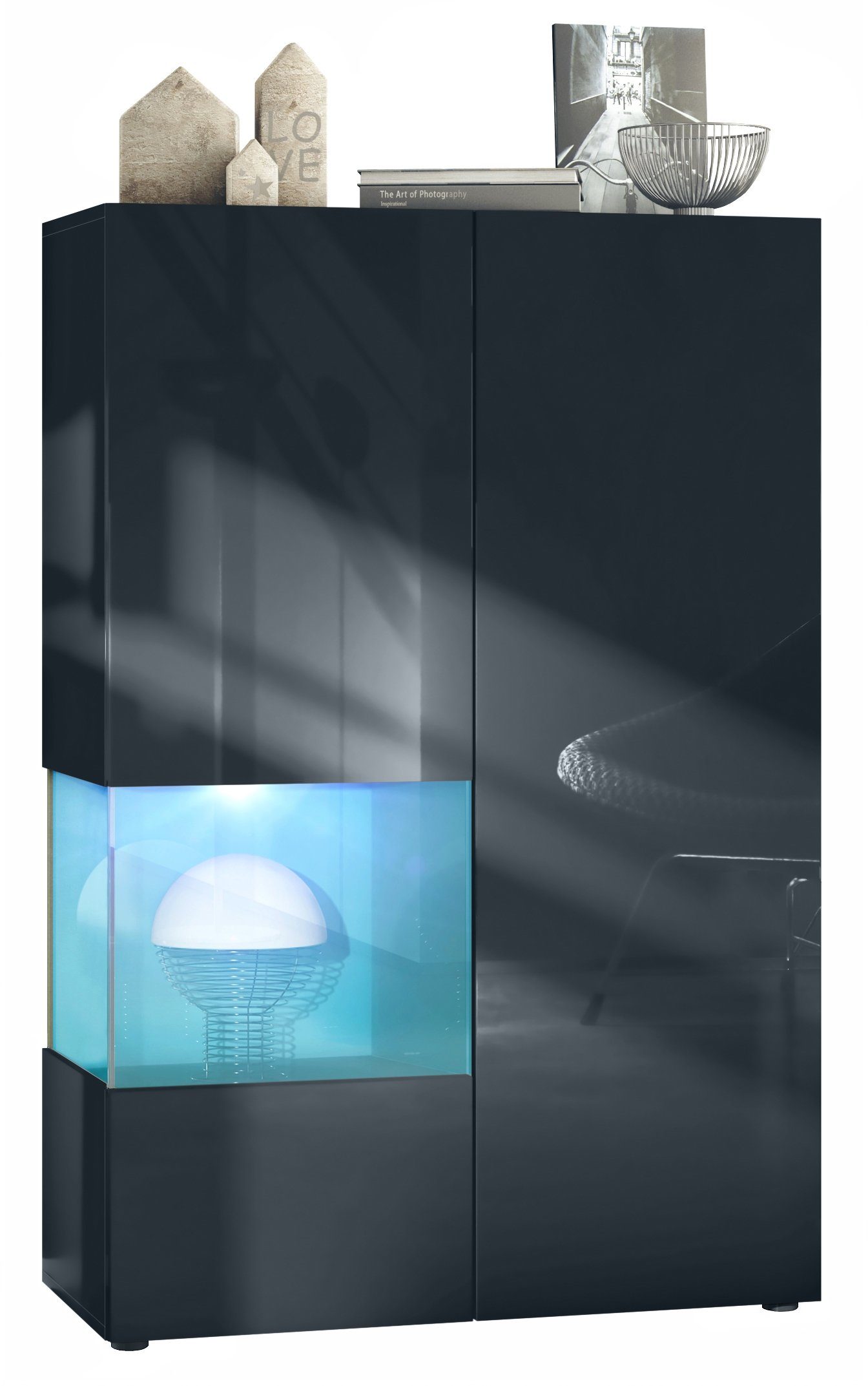 Vladon Standvitrine Morena V2 (Standvitrine, mit 2 Türen und Glaseinsatz inkl. LED-Beleuchtung) Schwarz matt/Schwarz Hochglanz/Petrol Hochglanz(91,5 x 136,5 x 37 cm)