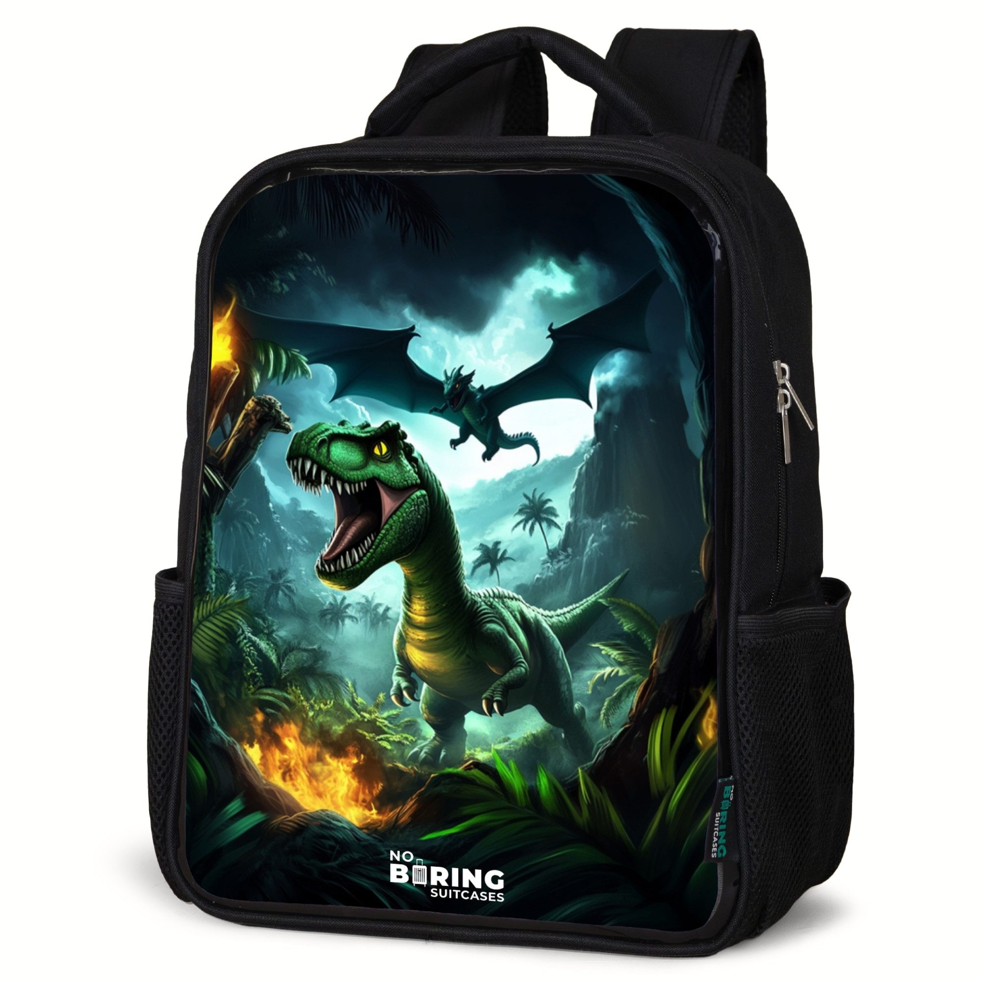 NoBoringSuitcases.com© Rucksack Dinosaurier und Drache im feurigen Dschungeltal, Kinderrucksack Schwarz, Schulrucksack, Freizeitrucksack Jungen Mädchen