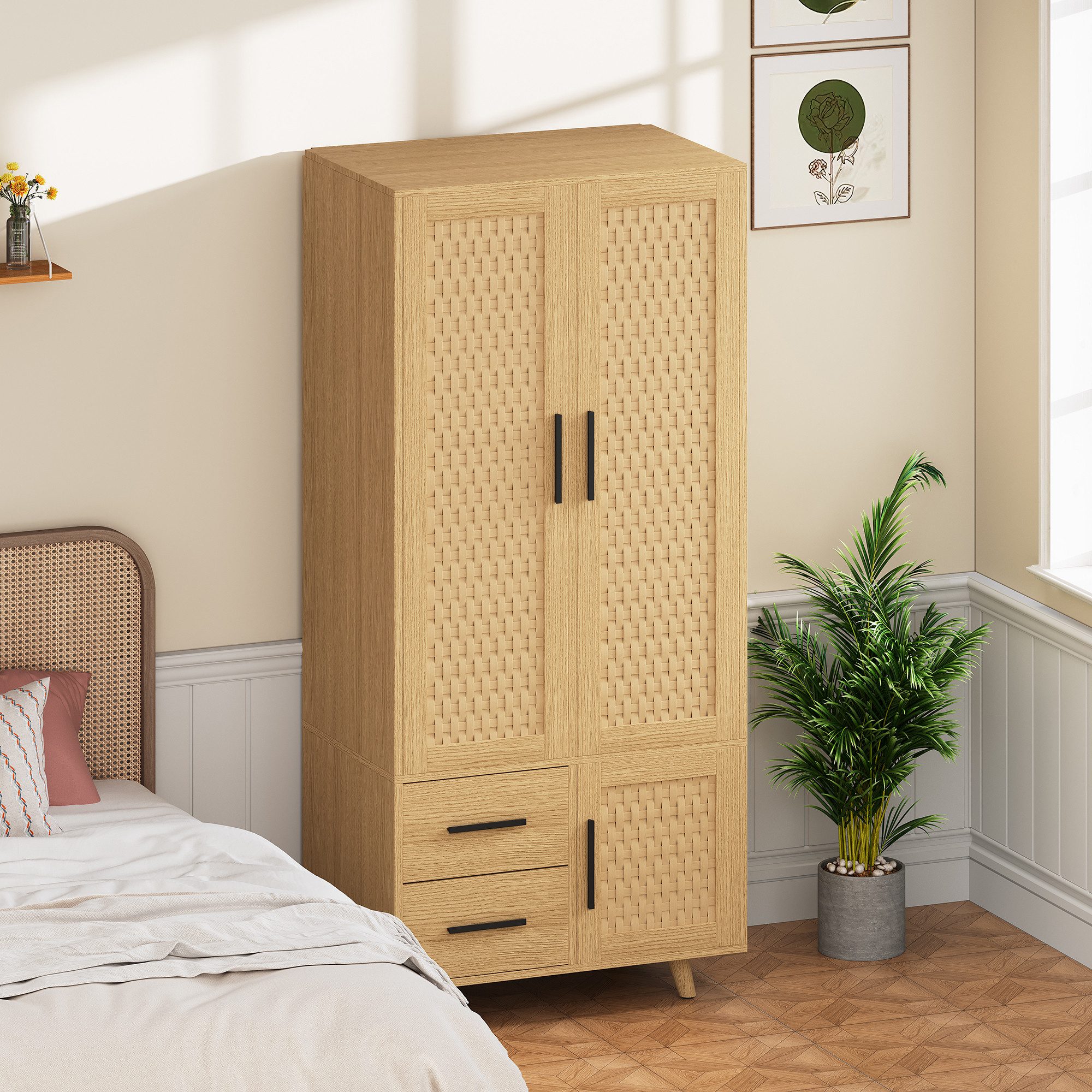 BELUPAI Kleiderschrank Landhausstil Rattan Garderobenschrank (Set, 1-St., Kleiderschrank mit 2 Schubladen und Kleiderstange) für Schlafzimmer Ankleidezimmer, Holzfarbe, 80 x 52 x 176 cm