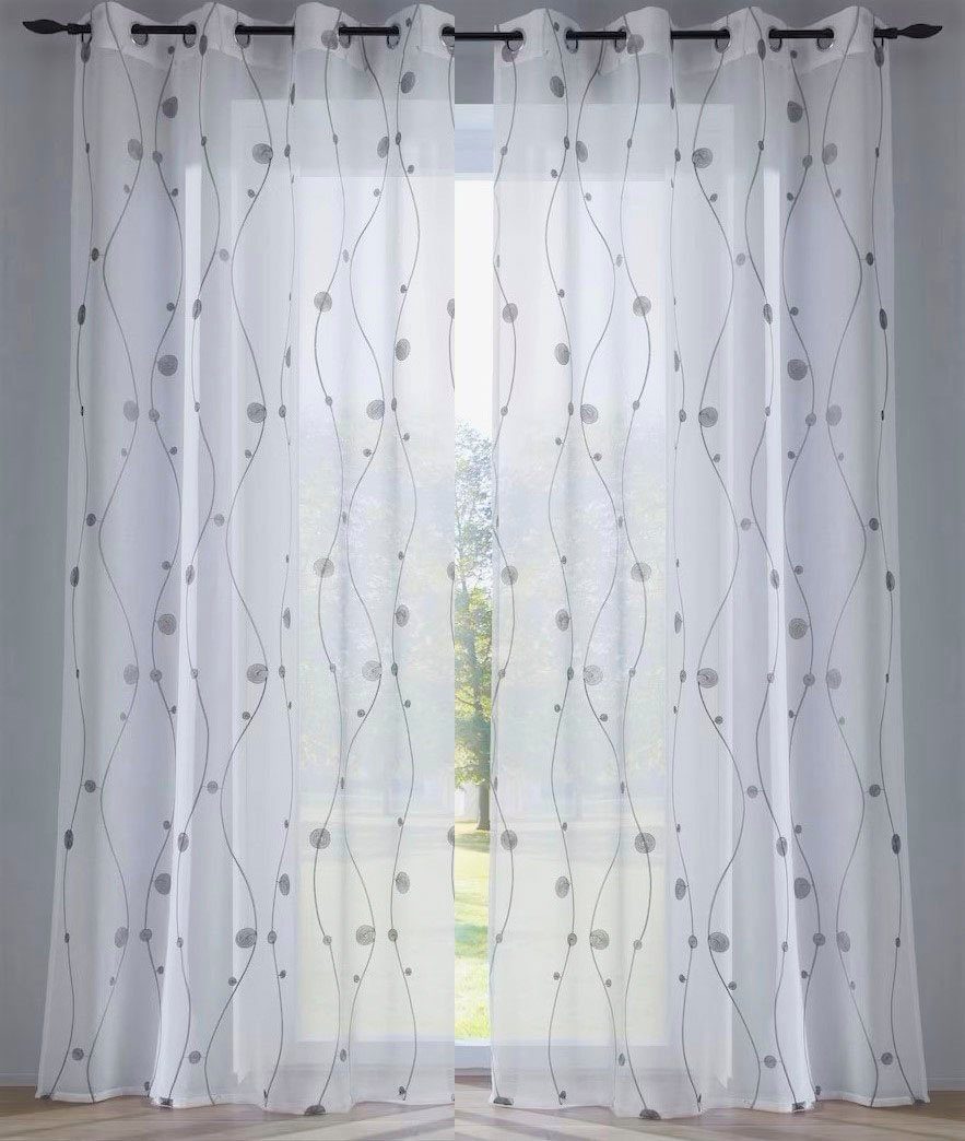 Kutti Vorhang Nelly (1 St), Ösen, halbtransparent, Voile, mit praktischen Ösen, halbtransparent, modern bestickt Kreise grau