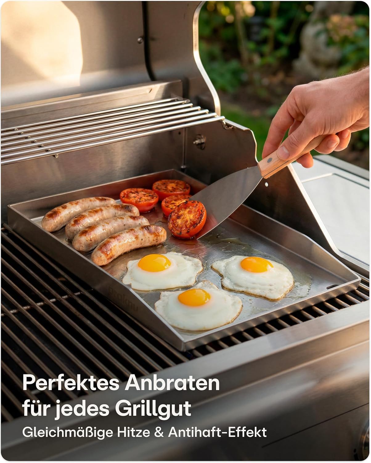 Praknu Grillplattenaufsatz Plancha Edelstahl 40x30cm – Teppanyaki, Fettablauf, 2 Grillspatel, Edelstahl, (Set mit Zubehör, Edelstahl-Plancha 40x30cm, 2 Spatel,  – Bild 4 von 5