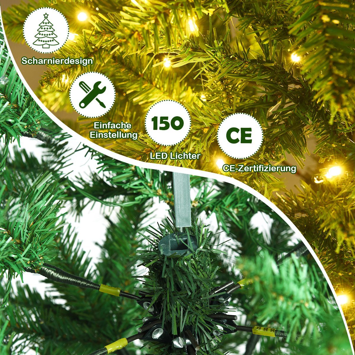 COSTWAY Künstlicher Weihnachtsbaum, mit 300 PVC Nadeln, 150 LEDs, 150cm