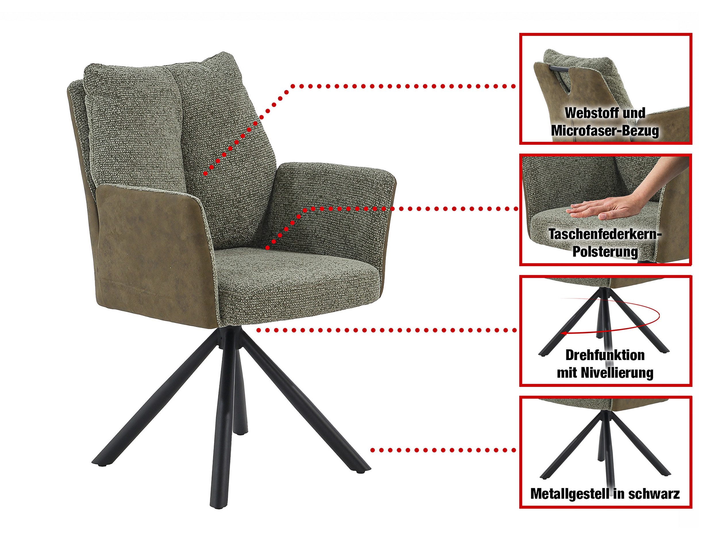Massivart® Polsterstuhl mit Armlehnen & Drehfunktion, Taschenfederkern »NOLAN«, Esszimmerstuhl · Stoff-Mix · 360° drehbar · Nivellierung – Bild 3 von 5