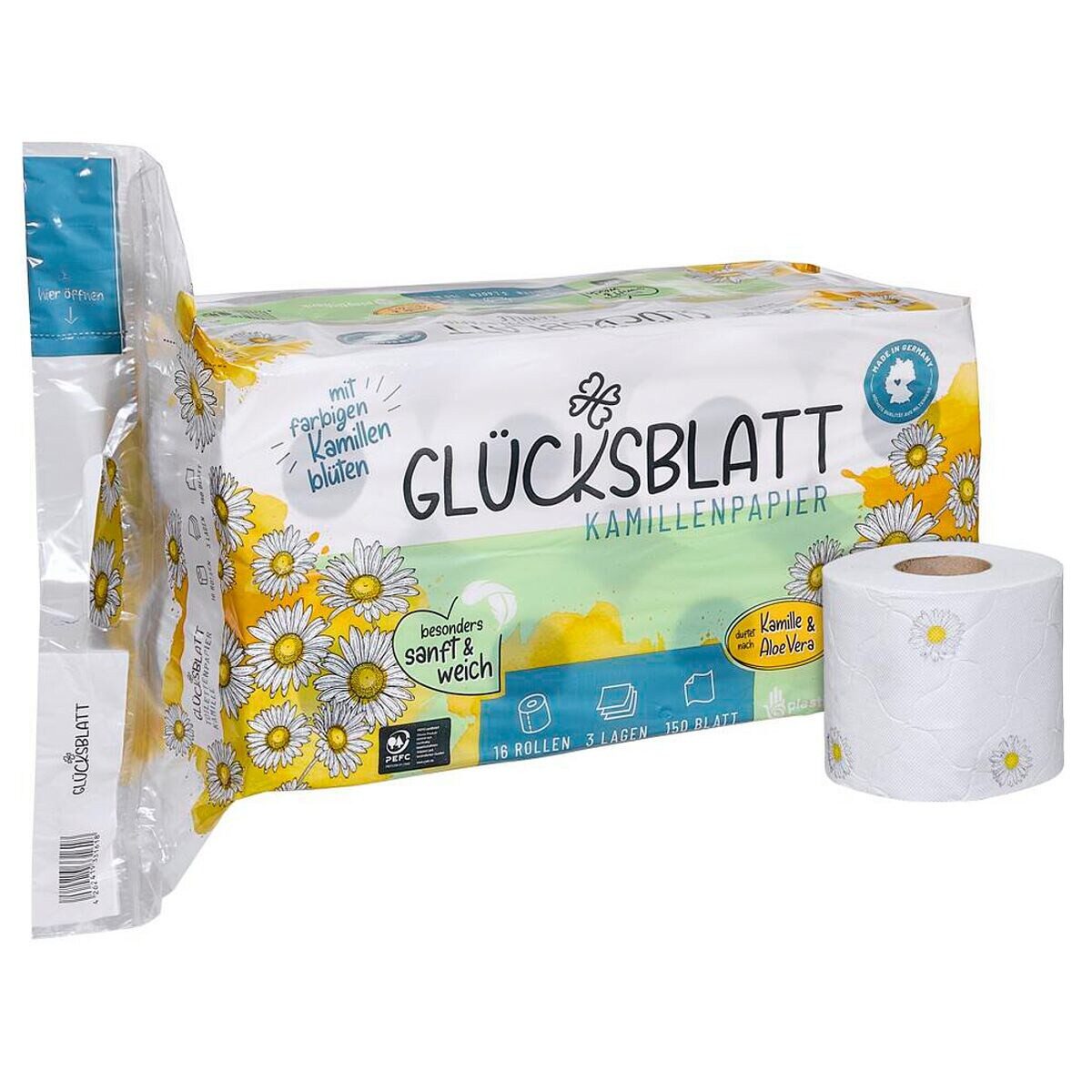 Glücksblatt Toilettenpapier Kamille, 3-lagig, 16 Rollen, 150 Blatt/Rolle, mit Duft & Prägung