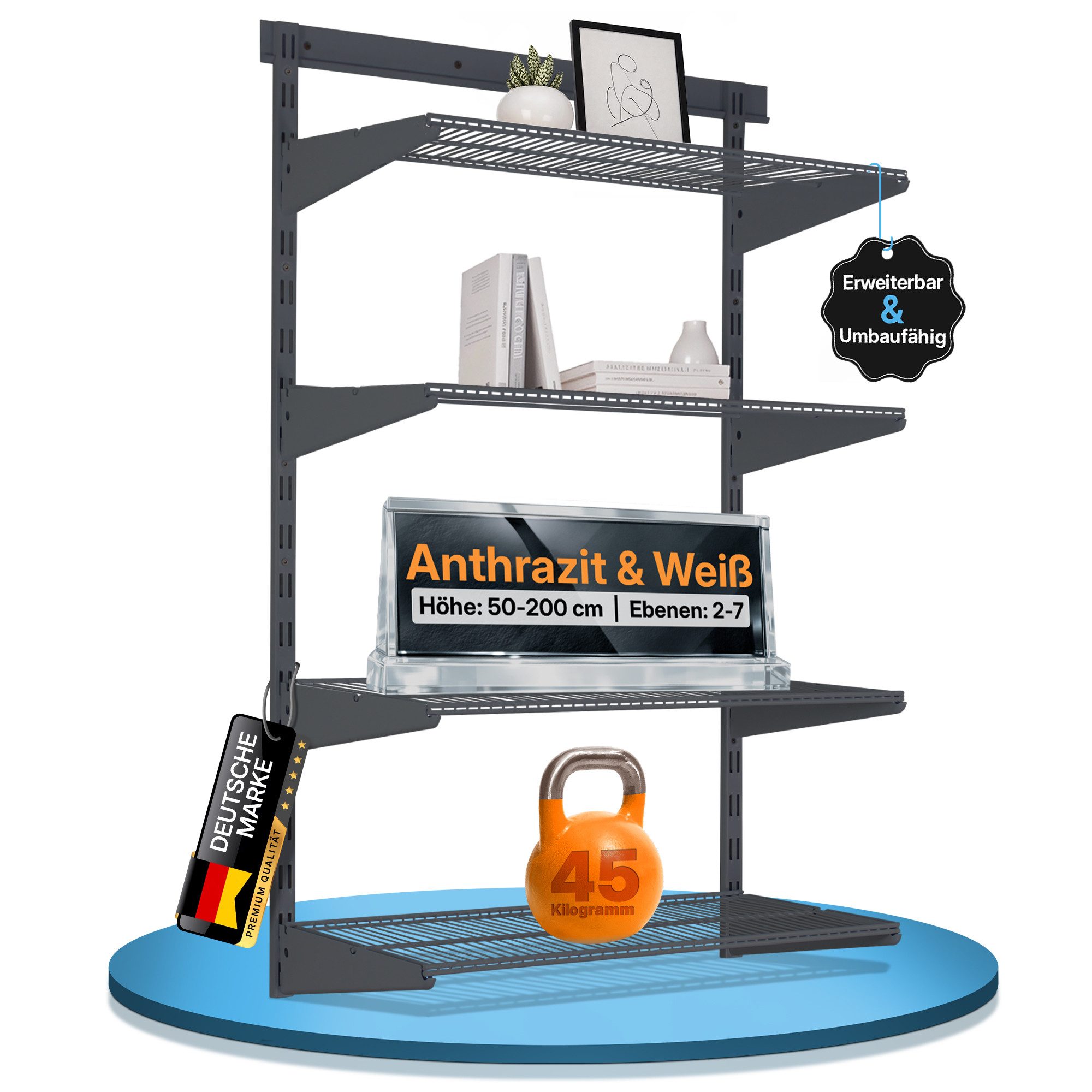 BOOMET Wandregal Regal Metall anthrazit, 60 9-tlg., Wandschienen System Hängeregal Wandboard Drahtboden