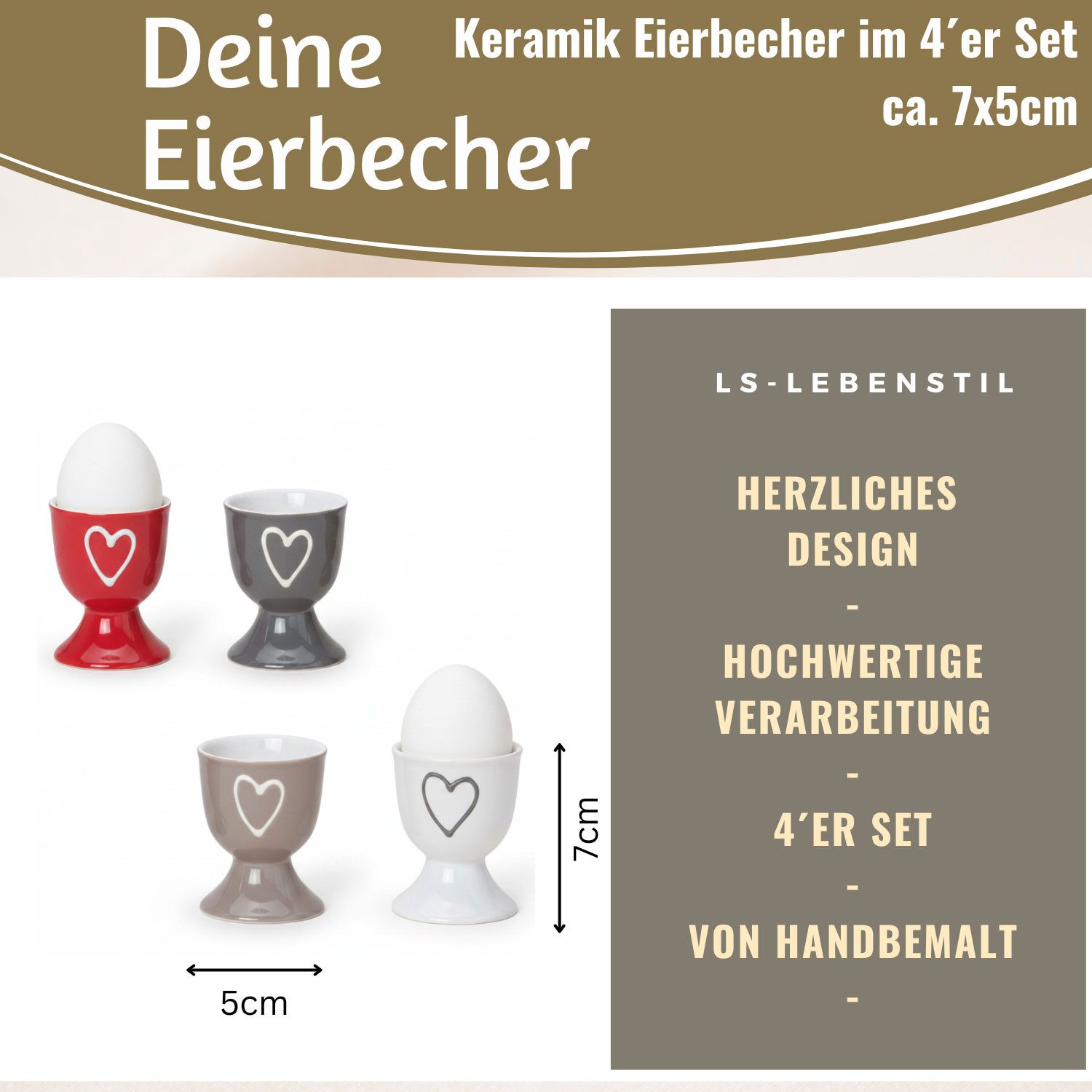 LS-LebenStil Eierbecher 4 Keramik Eibecher Set Herz Grau Weiß Rot Braun Gute Laune Eierhalter, (Exklusive edle Eihalter, perfekte Deko am Frühstückstisch, 4-tlg., für das perfekte Frühstücksei, Geschenk zur Hochzeit, Verlobung), Muttertag, Vatertag, Ostern, Weihnachten