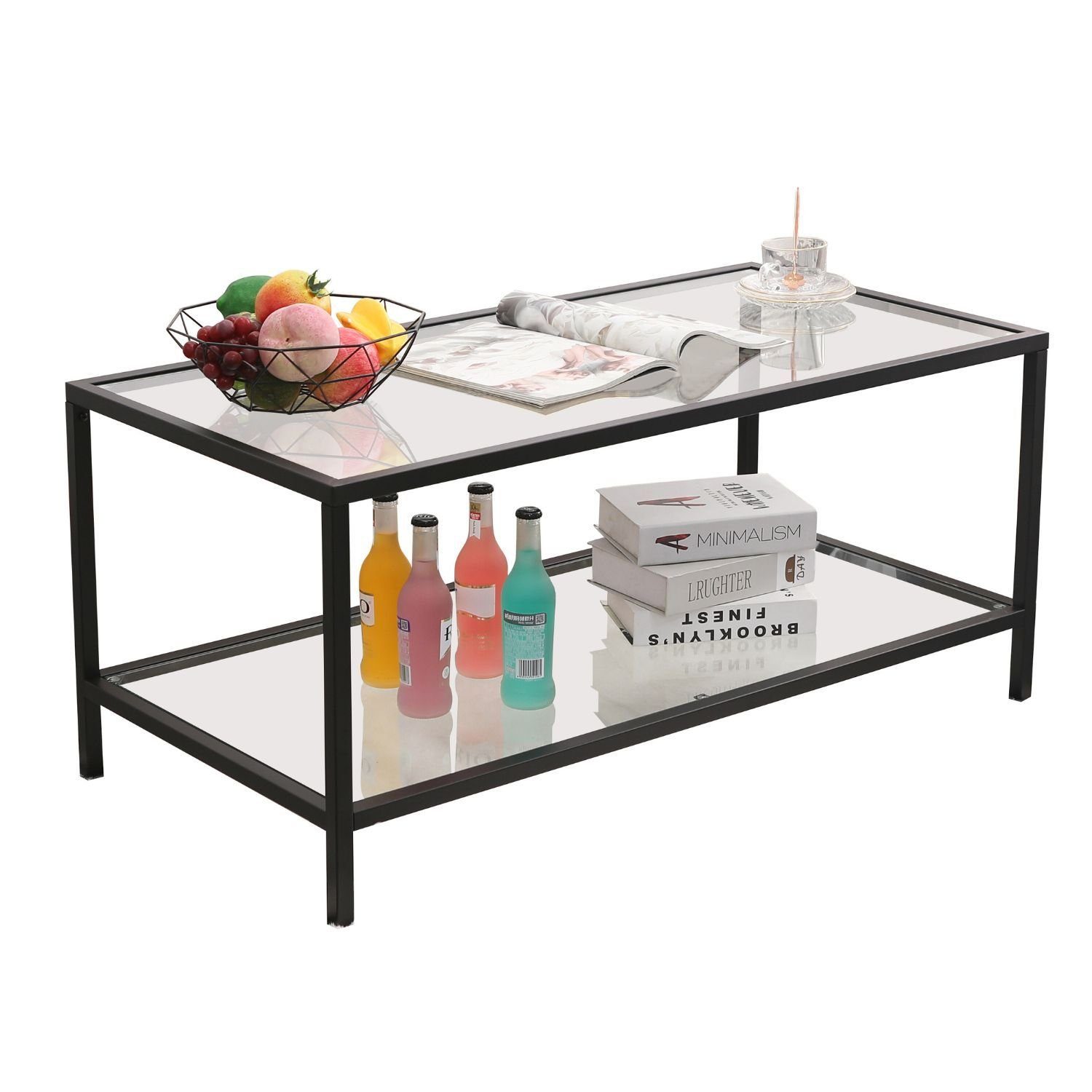 Mein-Regal Wohnzimmertisch GLASGOW, Schwarz, Wohnzimmertisch Metallgestell Couchtisch mit zwei Glasplatten