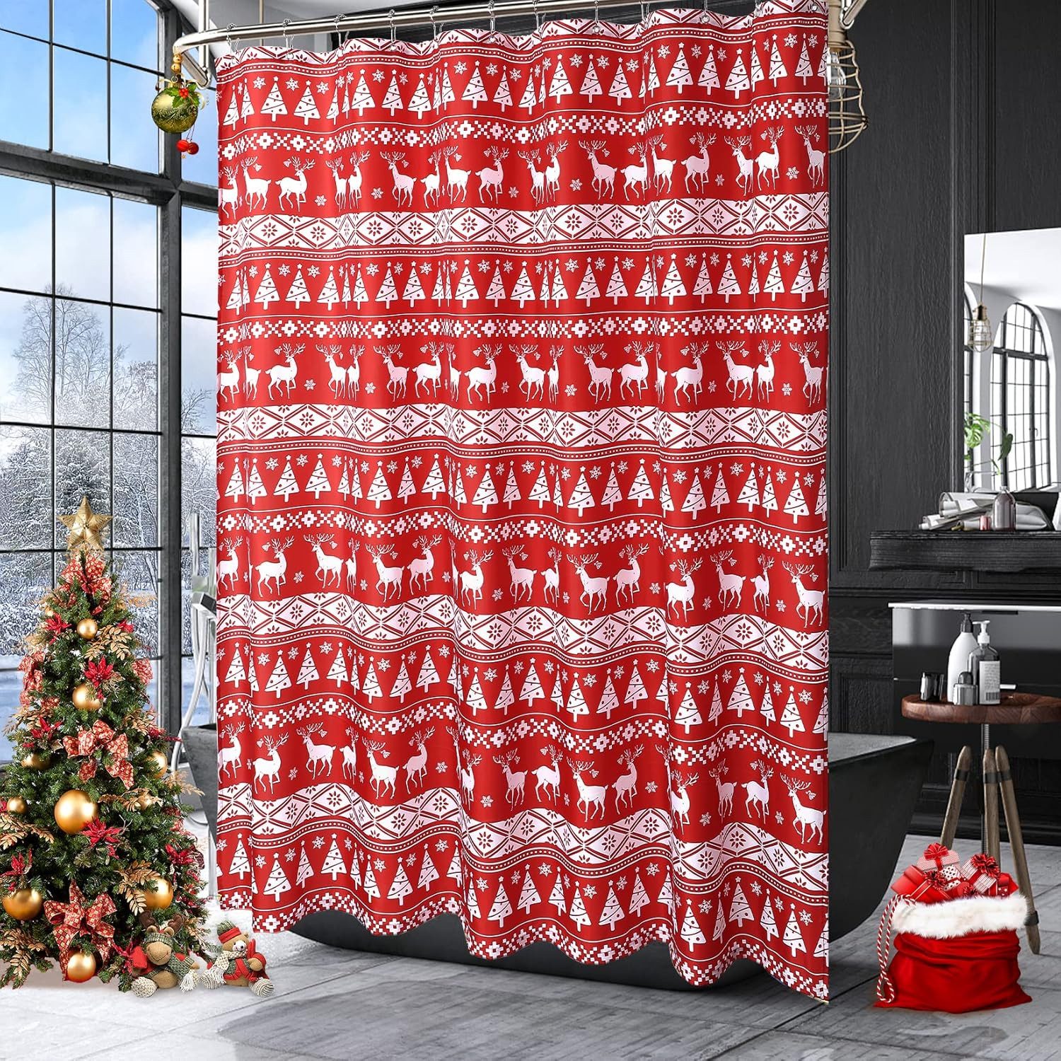GarveeMore Duschvorhang Weihnachts,roter Xmas-Duschvorhang,Weißer Xmas-Kiefern Breite 89 cm, moderner Happy New Year-Winter-Stoff-Duschvorhang