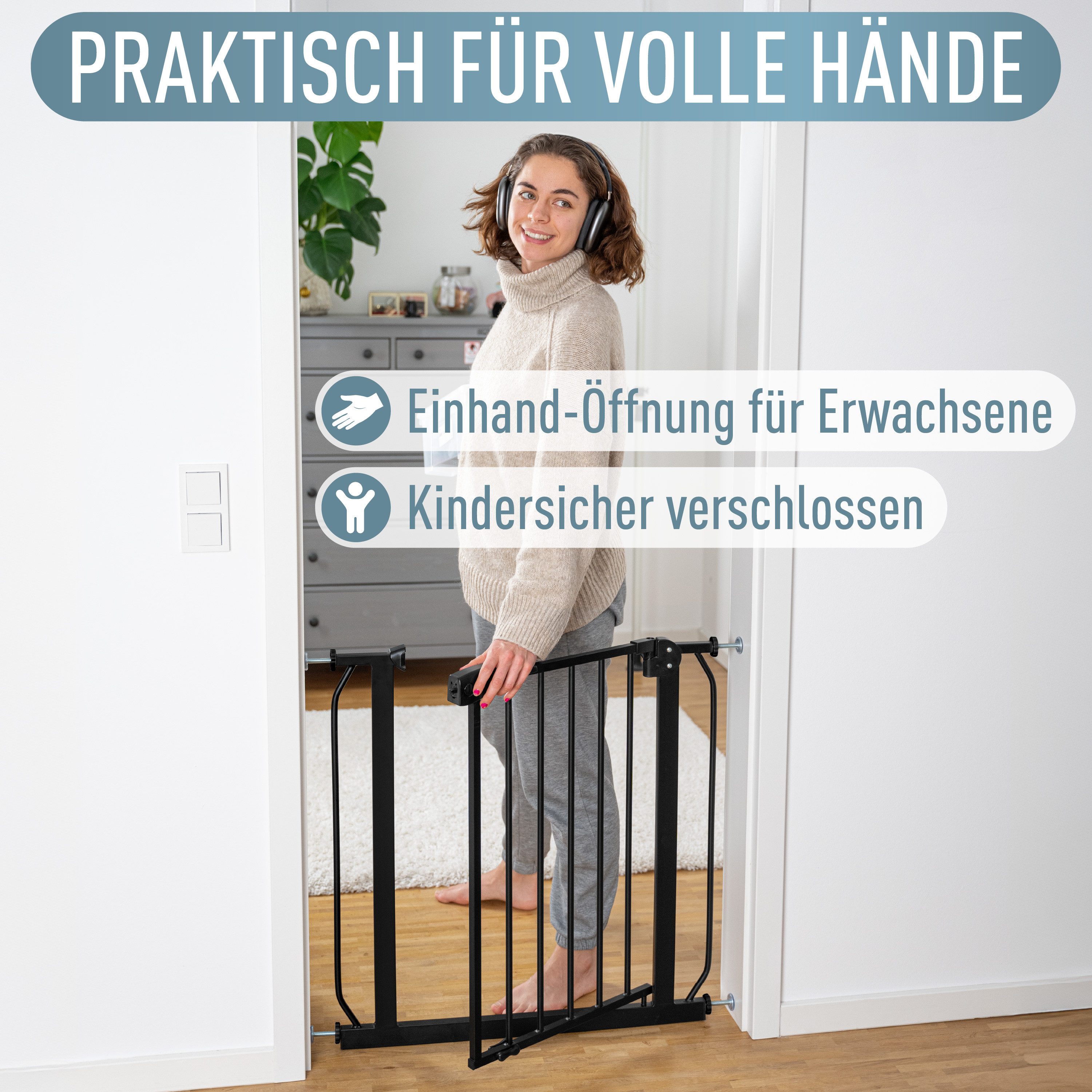 ib style Türschutzgitter Berrin Treppengitter ohne Bohren 58-66 cm schwarz, Getestet in Deutschland, 2-fach Sicherung, Babygitter bis 24 Monaten – Bild 5 von 5