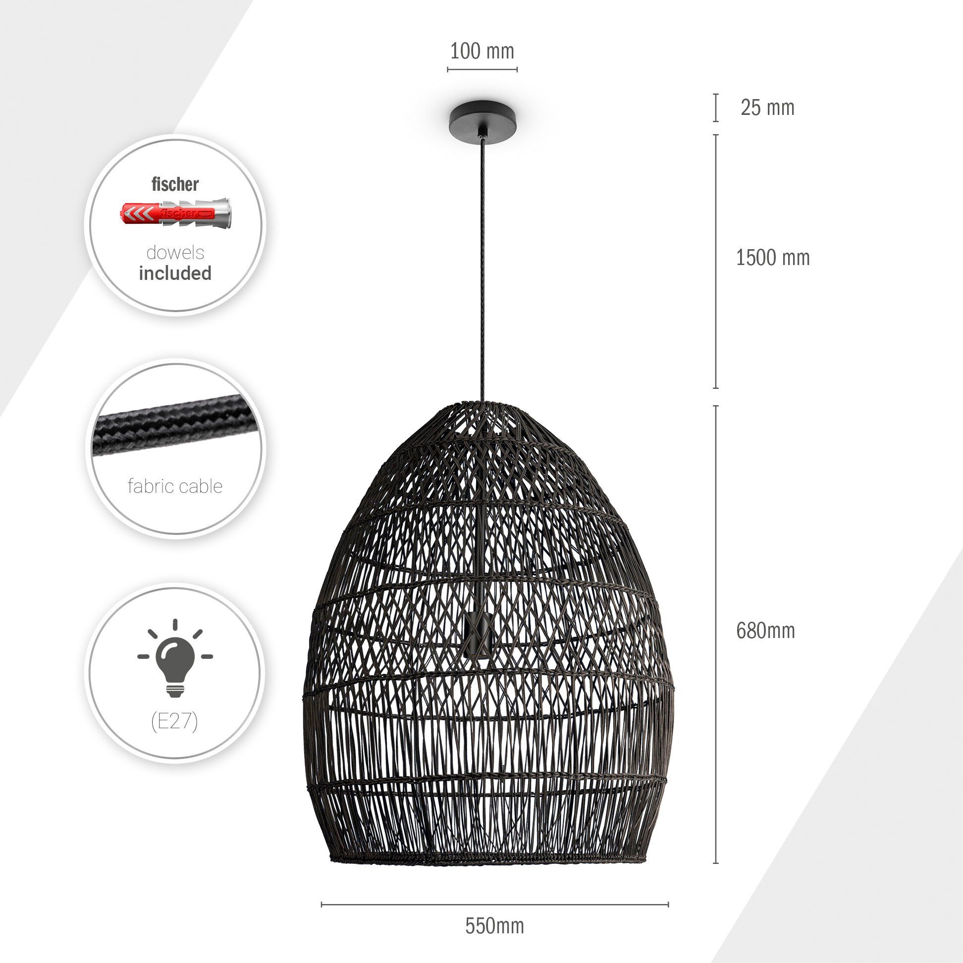 Korb Leuchtmittel, E27 Rustikal Home ohne Boho LED Pendelleuchte VIHMO, Pendelleuchte Rattan Natur Paco Wohnzimmer