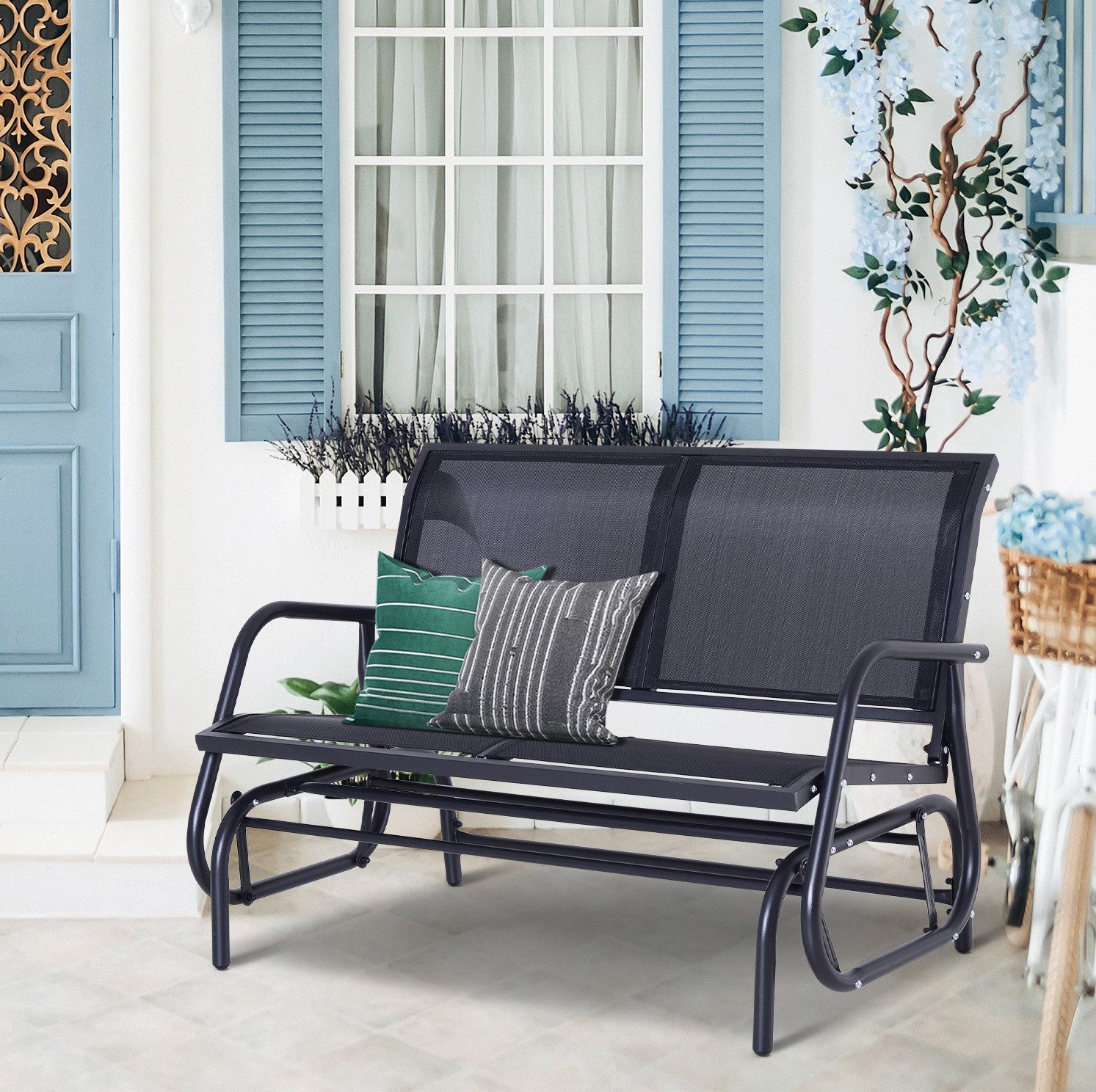 MODFU Schaukelstuhl Metall Schaukelbank für Garten, Terrasse und entspannte Sitzmomente (Schaukelstuhl 2-Sitzer 120x70x88 cm Schwarz Metall Gartenbank Balkon, 1 St), Gartenschaukel Sitzbank aus Stahl für 2 Personen Outdoor Nutzung