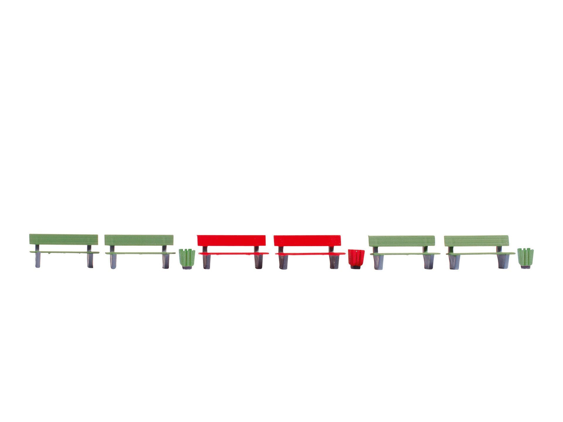 Modelleisenbahn-Gebäude Bänke Set, mit 4 grünen und 2 roten Bänken für rea