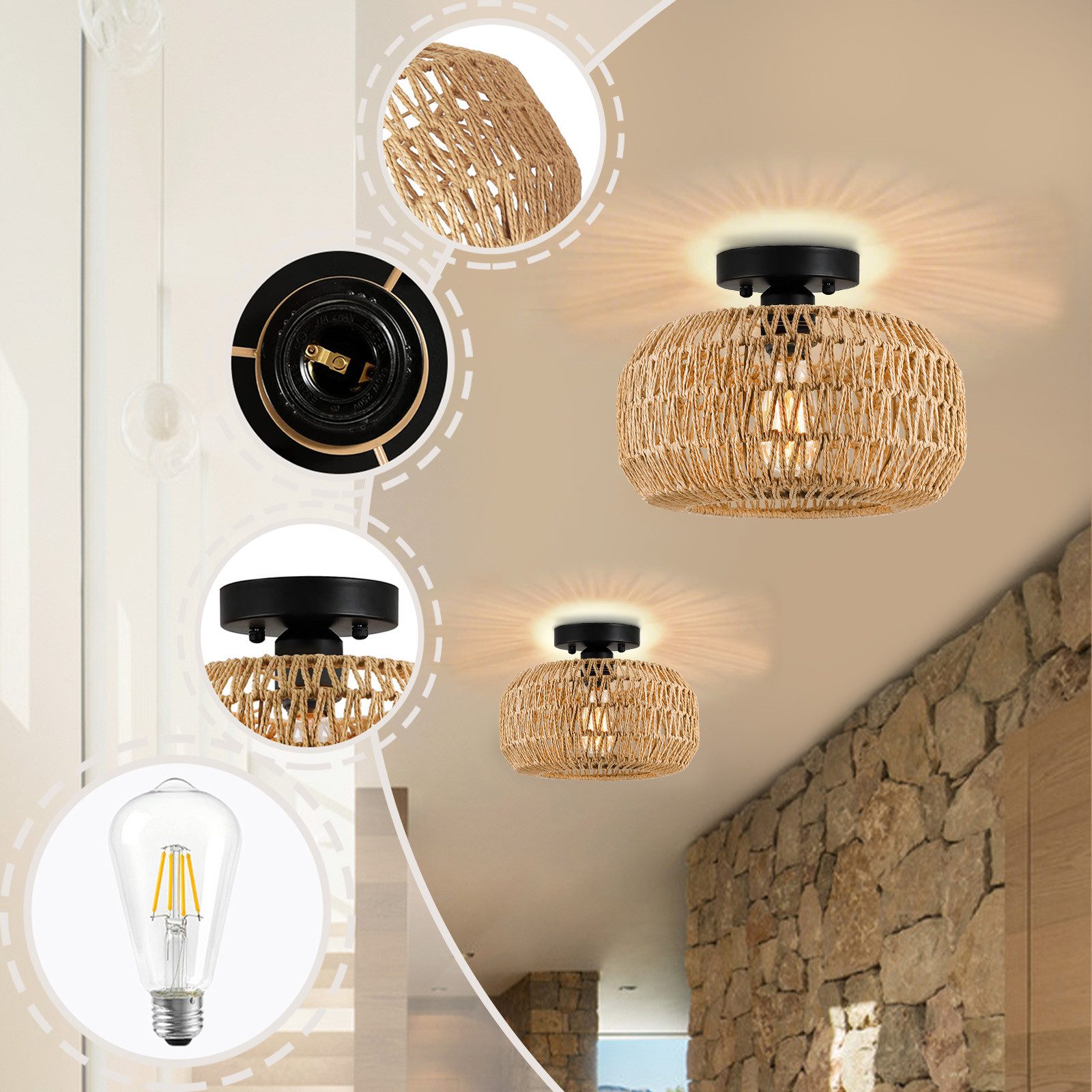 Jibenhome LED Deckenleuchte Boho Rattan Deckenleuchte Vintage Kronleuchter günstig online kaufen