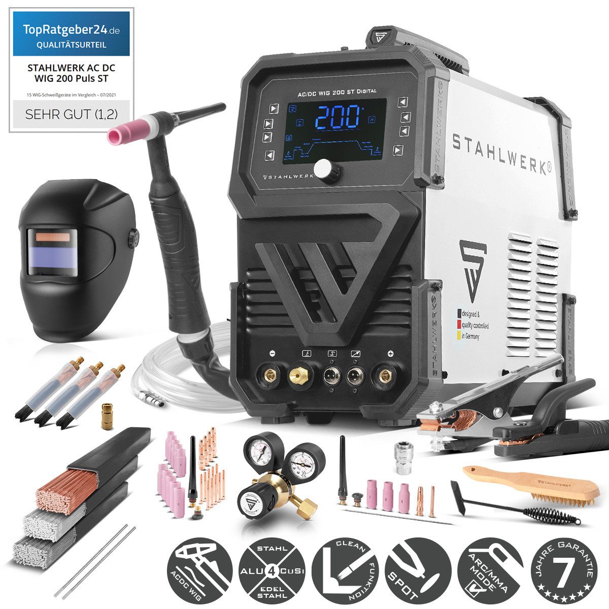 STAHLWERK Schutzgasschweißgerät Schweißgerät AC/DC WIG 200 ST Digital, 30 - 200 A, Packung, 1-tlg., Vollausstattung, Alu-geeigneter WIG MMA Inverter