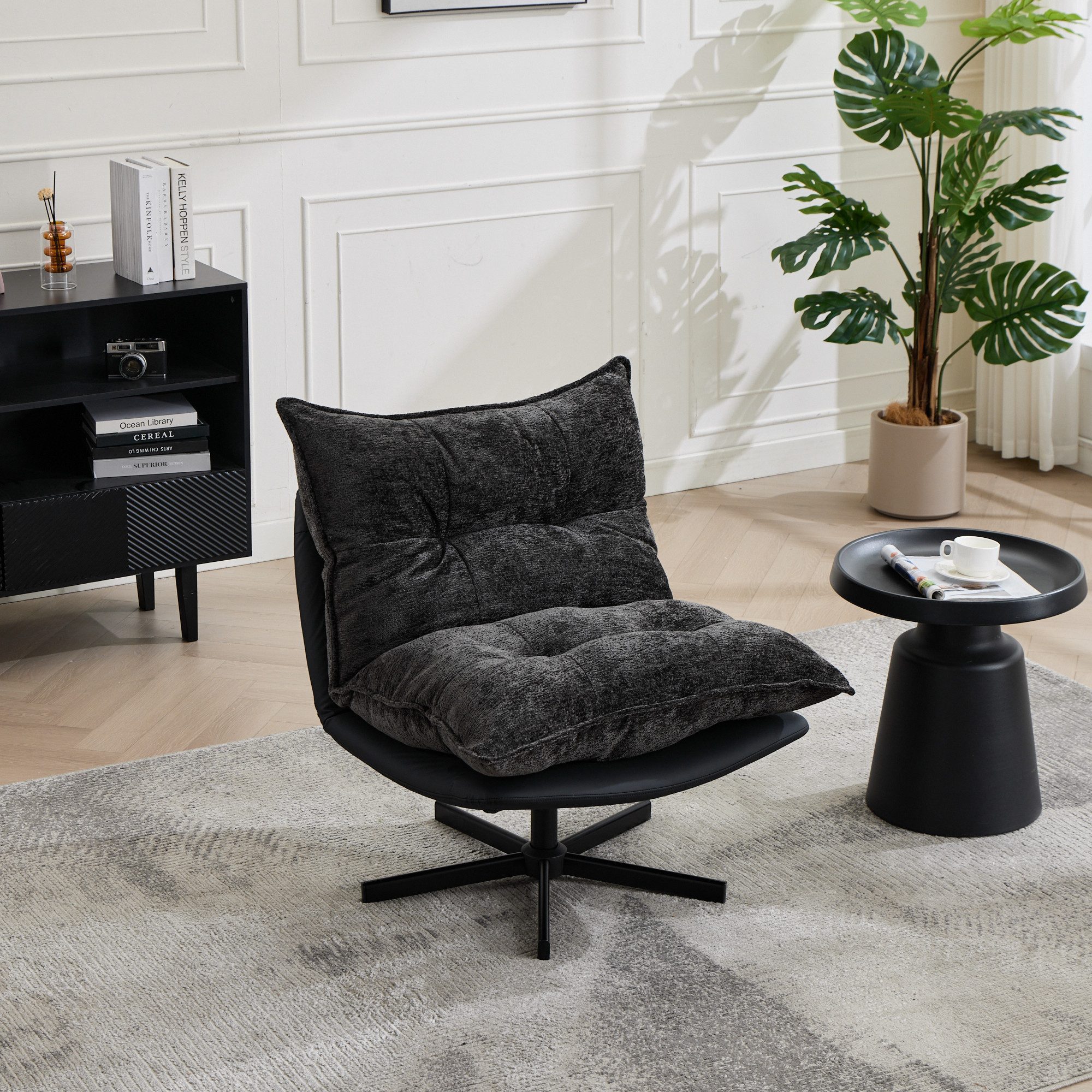 MODFU Drehstuhl mit Drehfunktion 360°, 3-stufig verstellbare Rückenlehne,Loungesessel (Bezug aus Chenille und Kunstleder, Memory-Foam-Polsterung sowie stabilen schwarzen Metallbeinen), Polsterstuhl Relaxsessel