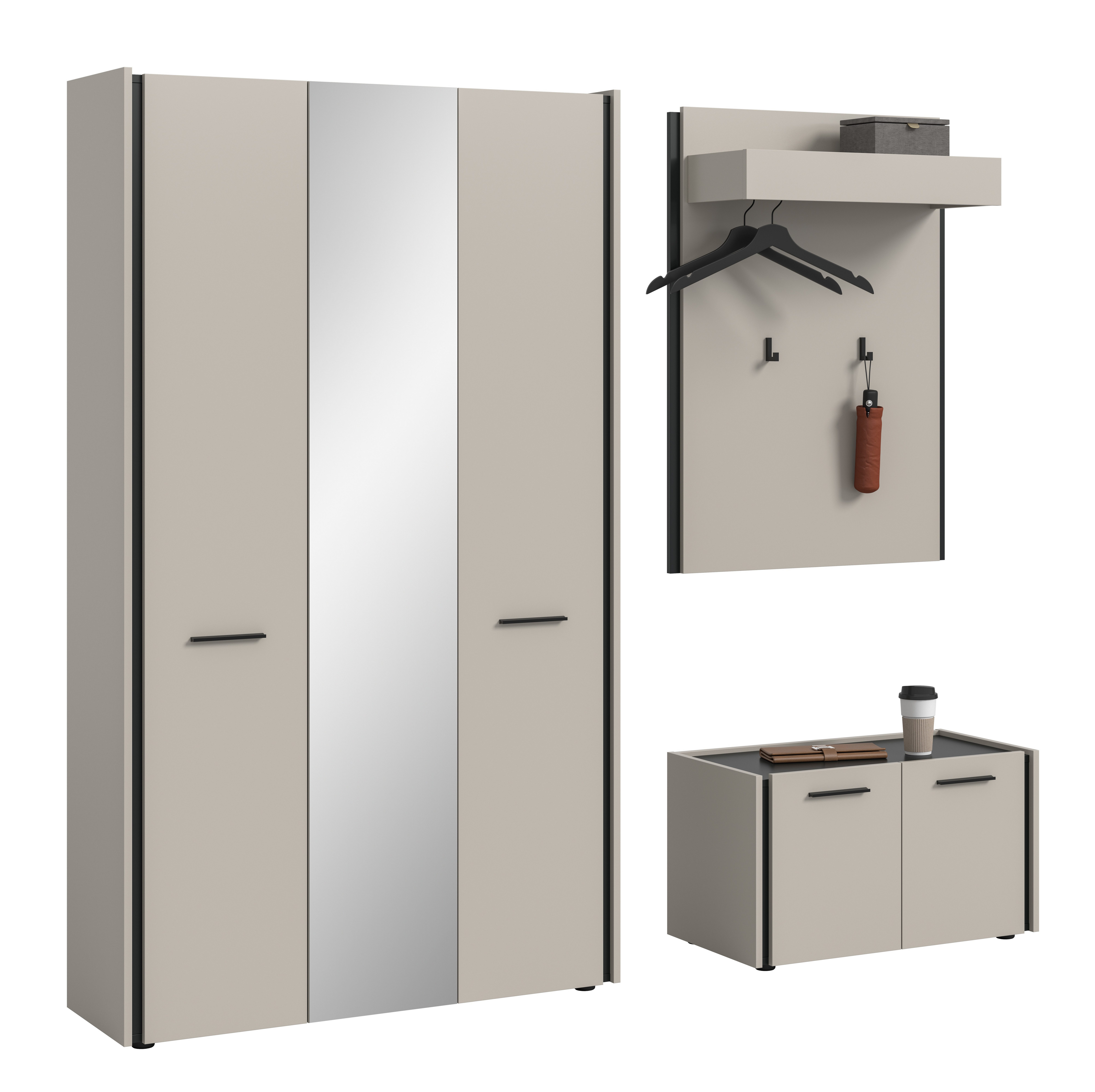 furnling Garderoben-Set Emel, (3-St., Garderobenpaneel, Garderobenschrank, Sitzbank), Flurmöbel, Soft-Close, pflegeleichte MDF-Front, Breite 197 cm