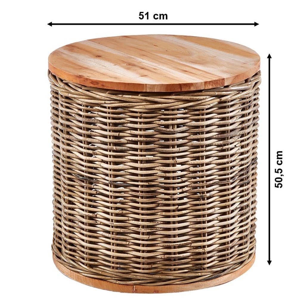 Kobolo Beistelltisch Tisch MARTA Holz und Rattan mit abnehmbaren Deckel (Einzelstück, 1-St., Einzelstück), Dm. 51x H 50,50 cm