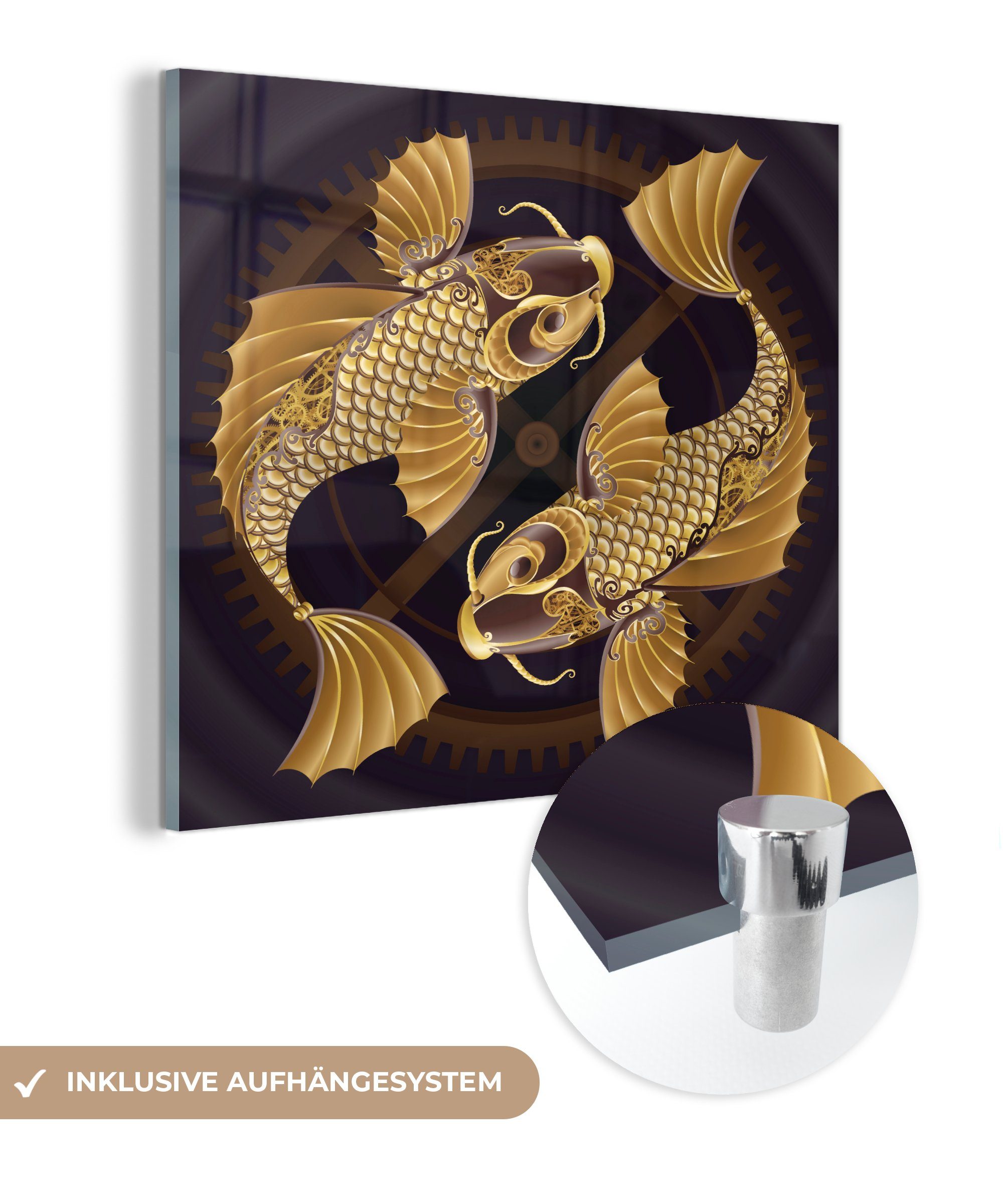 MuchoWow Acrylglasbild Illustration von zwei goldenen Koi Karpfen, (1 St), Glasbilder - Bilder auf Glas Wandbild - Foto auf Glas - Wanddekoration