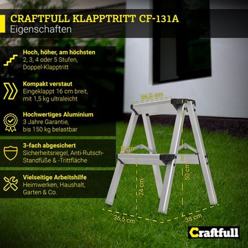 Craftfull Trittleiter Klapptritt Leiter CF-131A - 3 J. Garantie - 2-5 Stufen - Aluminium (150 kg Traglast - Alu Stehleiter Klappleiter bis 150 kg - Doppelleiter - Sicherheitsleiter - Multifunktionsleiter - Vielzweckleiter - Mehrzweckleiter, 1-St., Doppel-Klapptritt, Anti-Rutsch, Sicherheitsbügel), Haushaltsleiter Stufen Leiter Arbeitsleiter Arbeitsbühne klappbar