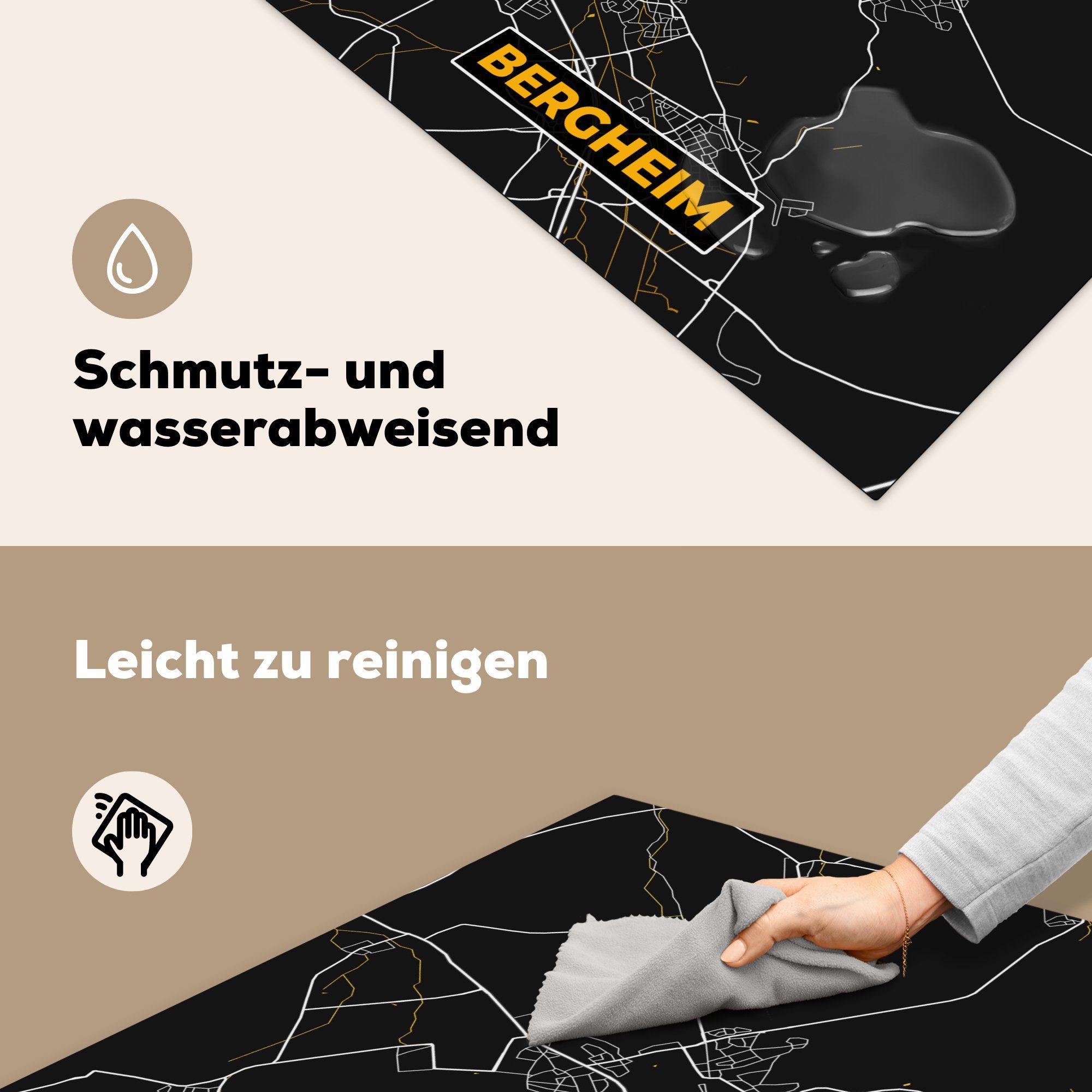 Karte, Herdblende-/Abdeckplatte cm, - für Bergheim Gold - küche Stadtplan und Schwarz Arbeitsplatte - Deutschland Vinyl, 78x78 Ceranfeldabdeckung, - tlg), (1 MuchoWow