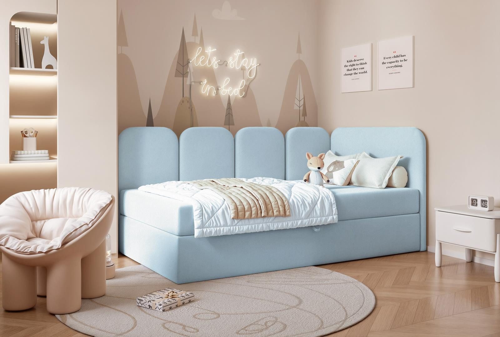 Compleo Boxspringbett Jugendbett DREAMY, Polsterbett mit Bettkasten, 80/90/100/120x200, Kopfteil links oder rechts, Boucle oder Velvet