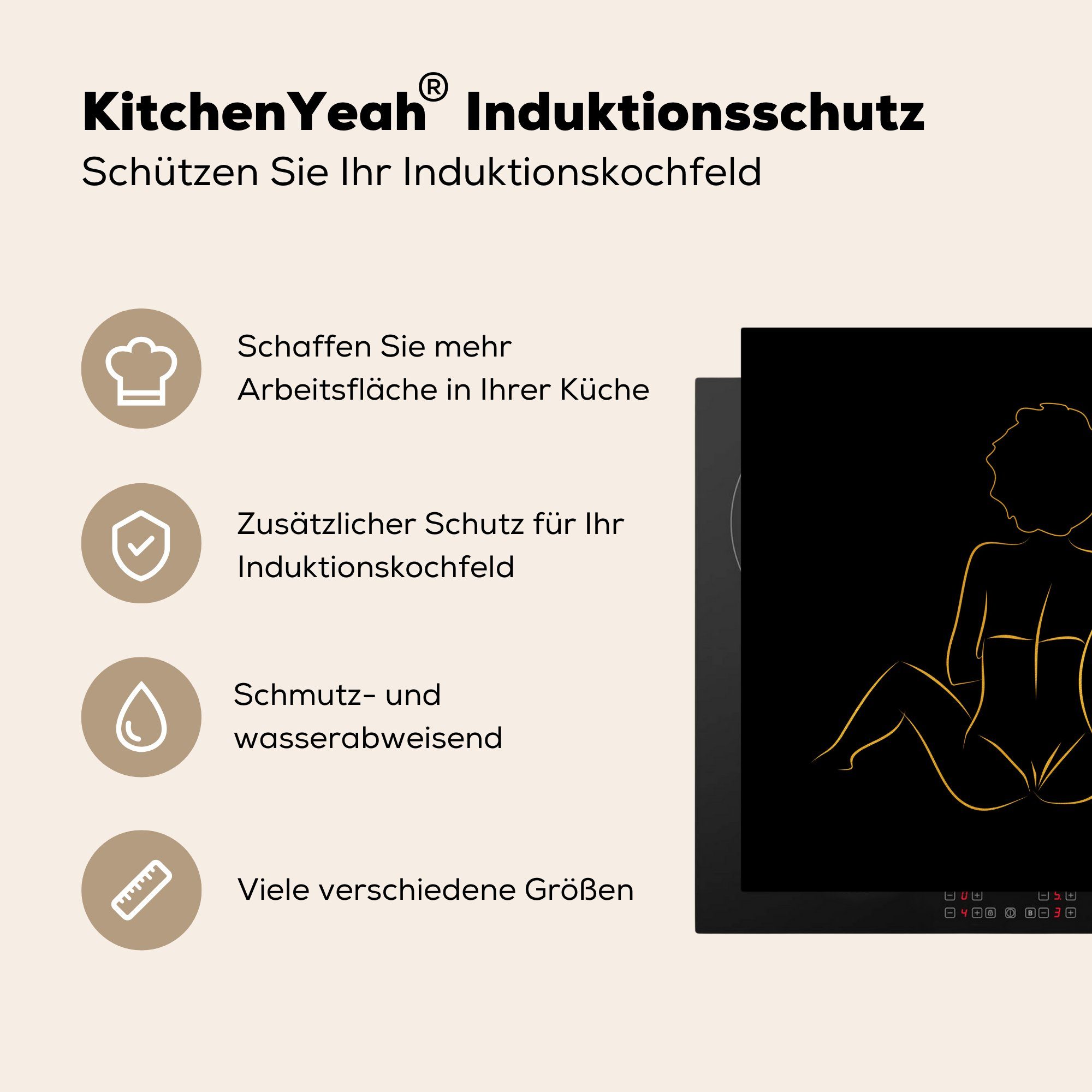 MuchoWow Herdblende-/Abdeckplatte Frau - Schwarz - - küche (1 Strichzeichnung, 78x78 cm, Gold für tlg), Vinyl, Ceranfeldabdeckung, Arbeitsplatte