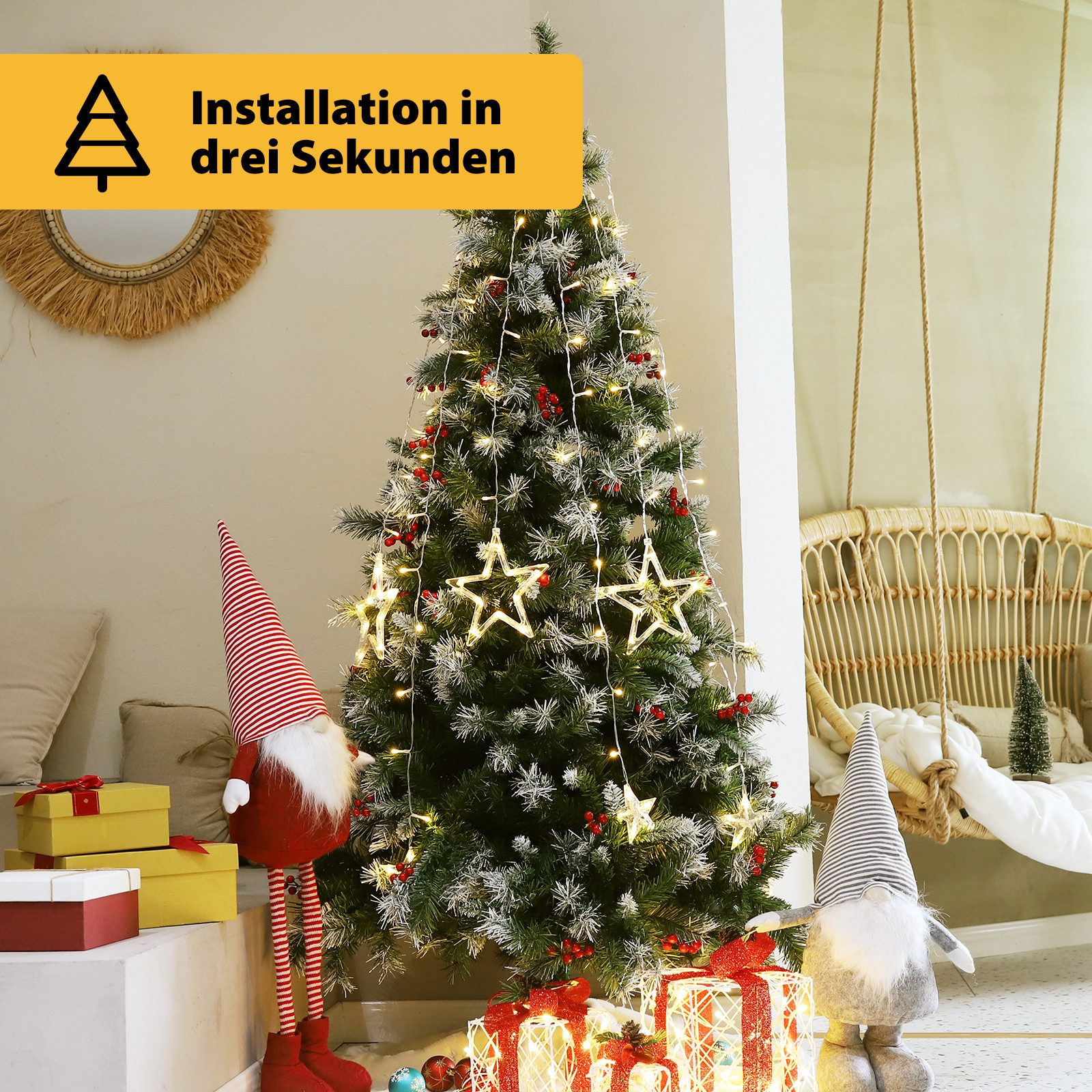 Salcar LED-Lichterkette Christbaumbeleuchtung mit Ring Sterne Lichterkette Weihnachtsbaum, 1,5M mit Fernbedienung und 9 Modi, Warmweiß – Bild 4 von 5