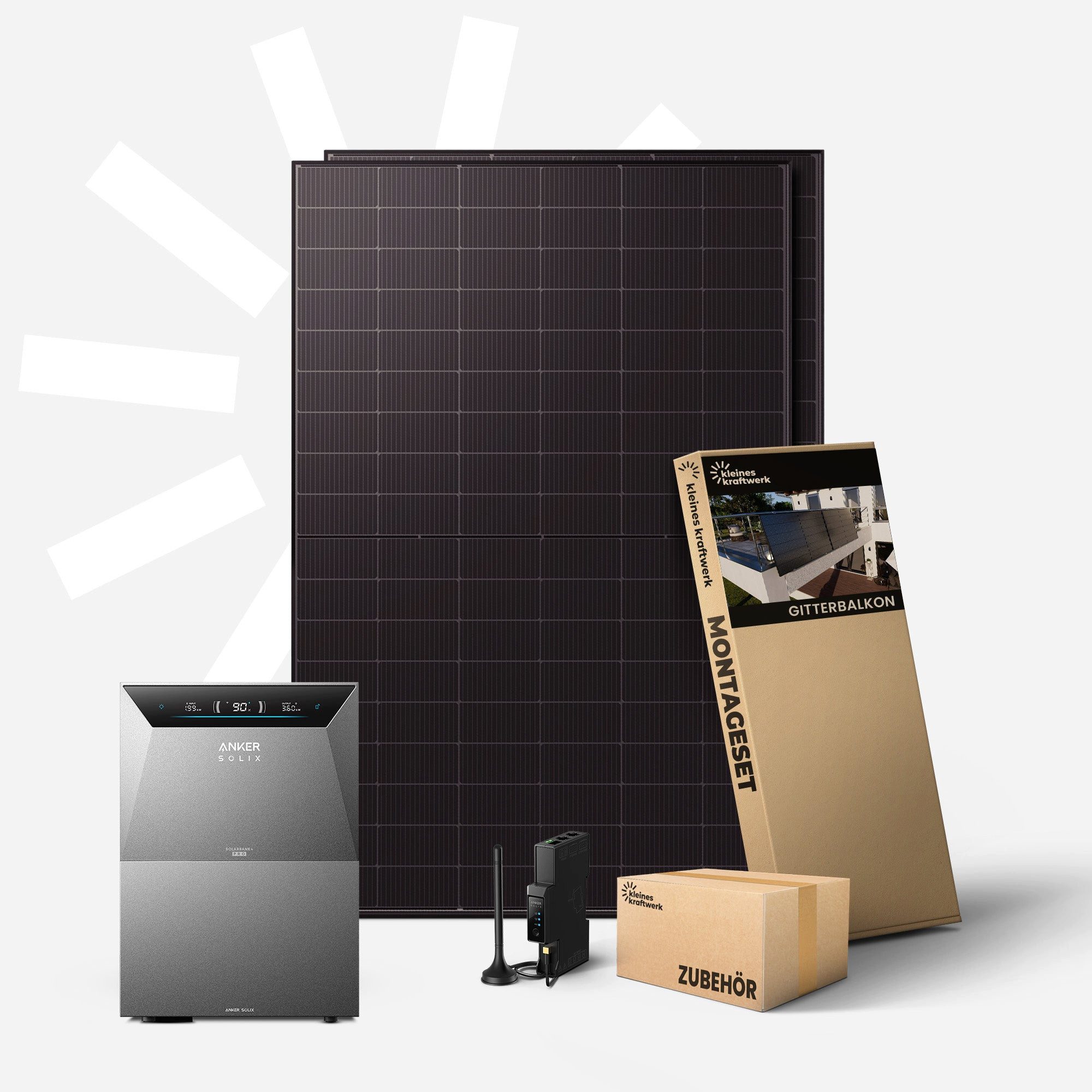 Kleines Kraftwerk Balkonkraftwerk, 1000 W, Monokristallin, (Gitterbalkon, Solaranlage Komplettset mit Speicher), 2 x 500W, Anker Solarbank 4 Pro