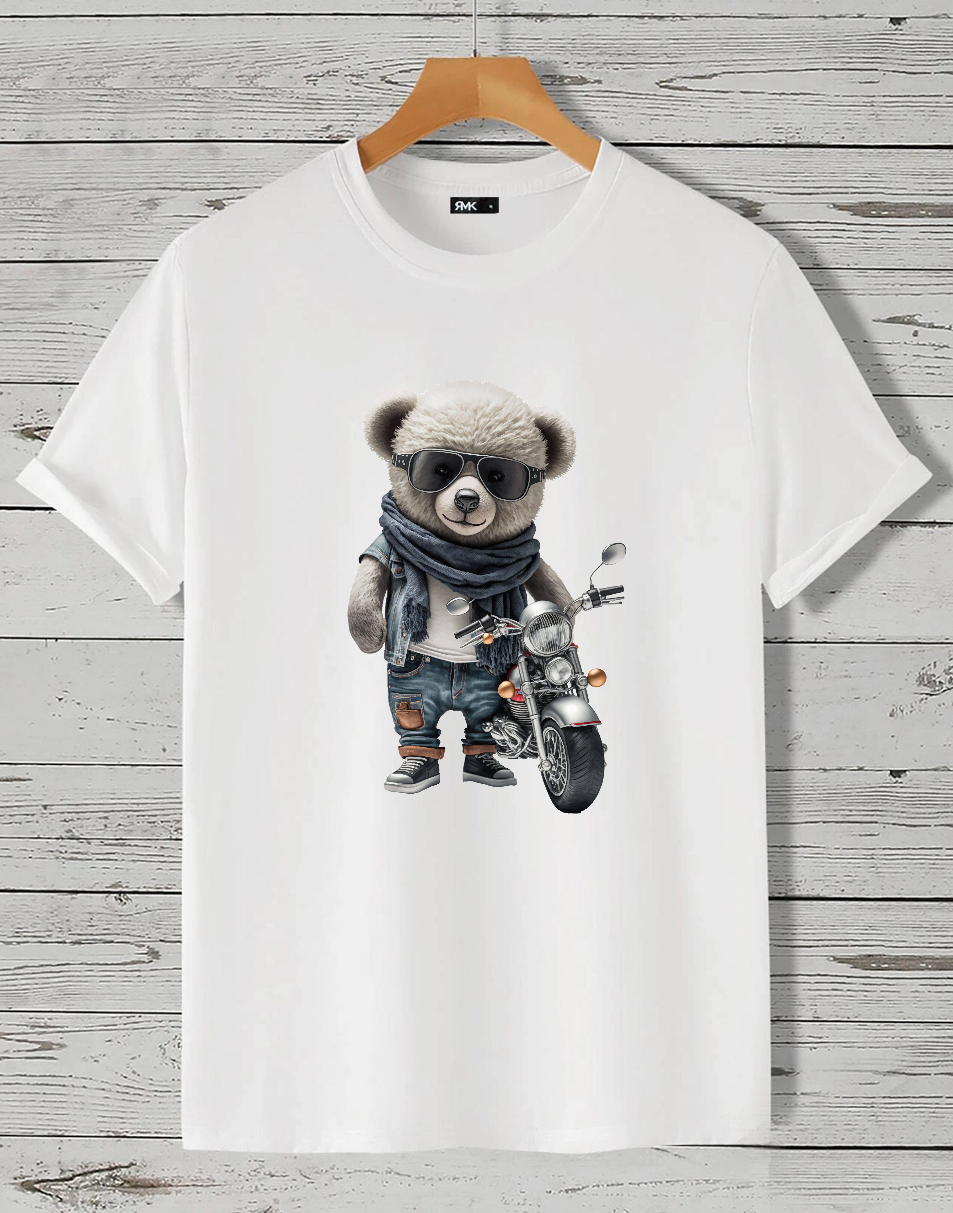 RMK T-Shirt Herren T-Shirt Rundhals mit Teddybär Motorrad Weiß