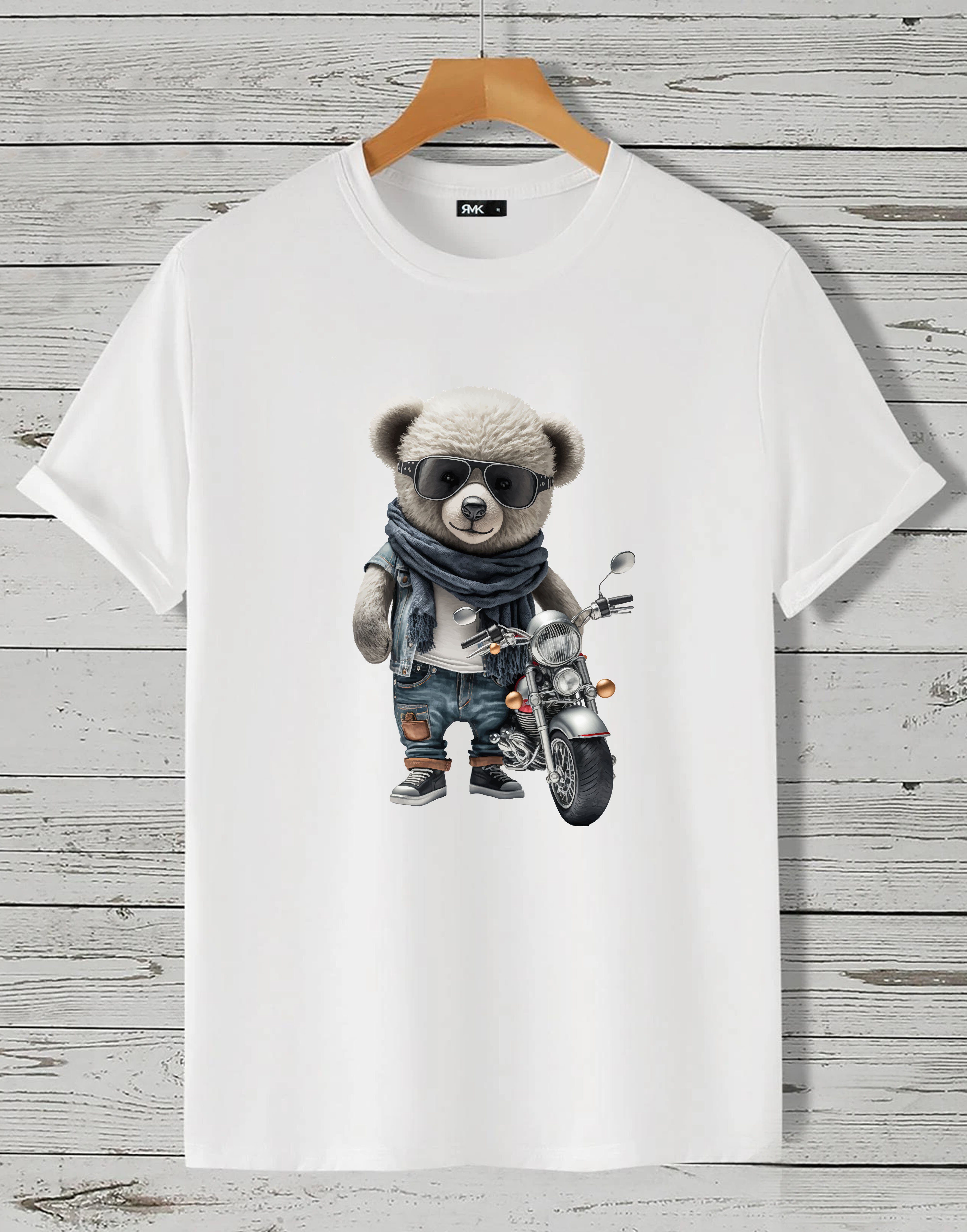 RMK T-Shirt Herren T-Shirt Rundhals mit Teddybär Motorrad