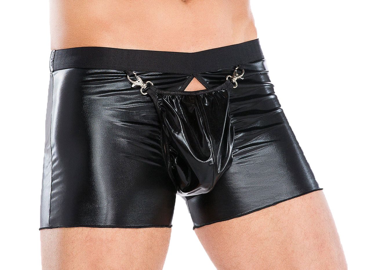 Andalea Men's Collection Boxershorts Wetlook-Slip Schwarz zum vorn öffnen mit Haken Kunstleder sexy Unterwä