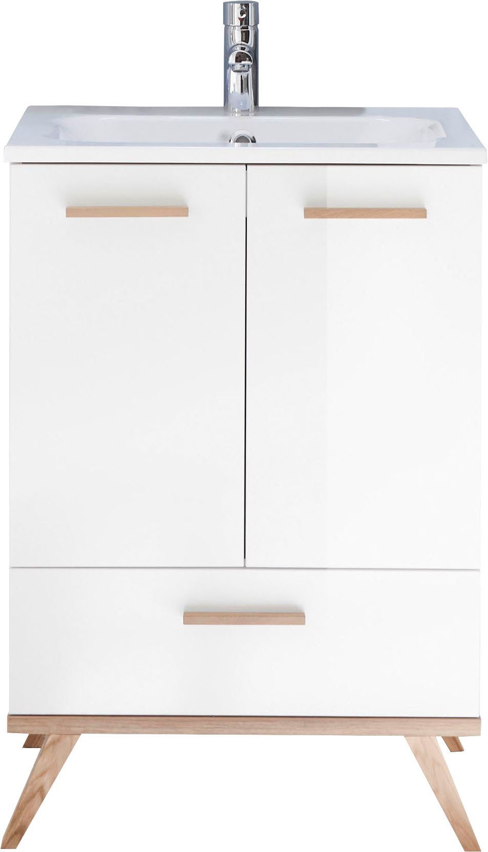 Saphir Waschtisch Quickset Mineralmarmor-Waschtisch mit Unterschrank, 61 cm breit, Wachplatz, Holzgriffe, inkl. Türdämpfer, 2 Türen, 1 Schublade