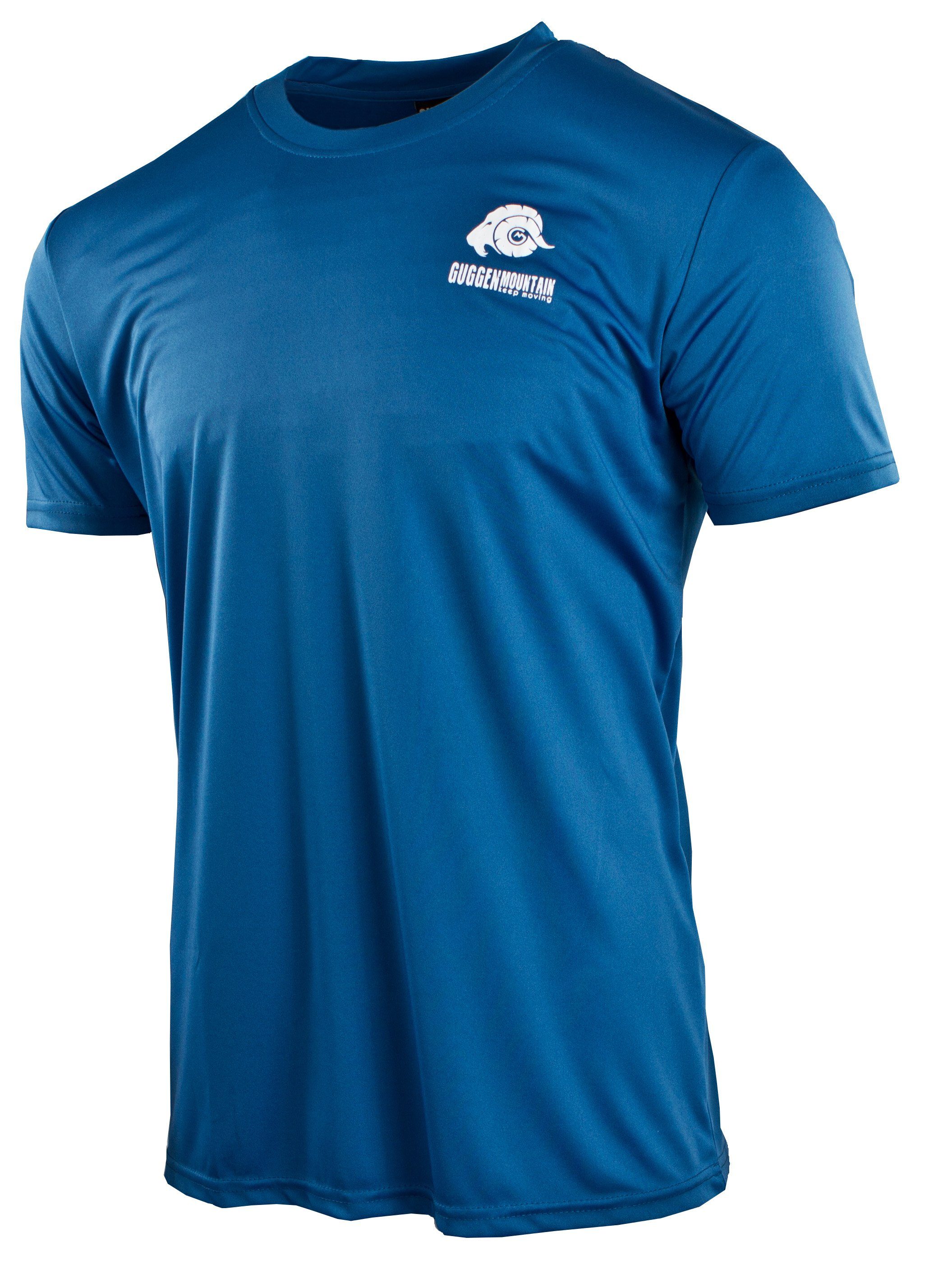 Funktionsshirt GUGGEN Logo Blau-MIT-Logo in FW04 Unifarben, Herren Sportshirt Mountain Kurzarm Funktionsshirt T-Shirt