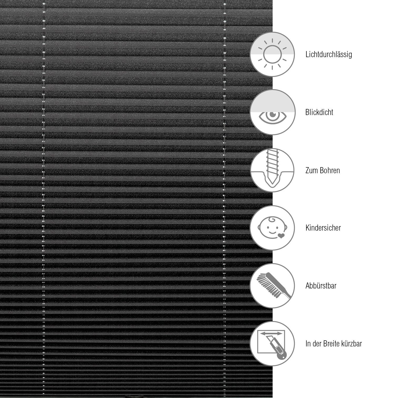 GARDINIA Plissee schwarz, blickdicht, mit Bohren, verspannt, verschraubt, verschraubt, dezenter Abdeckleiste gegen Staubschutz