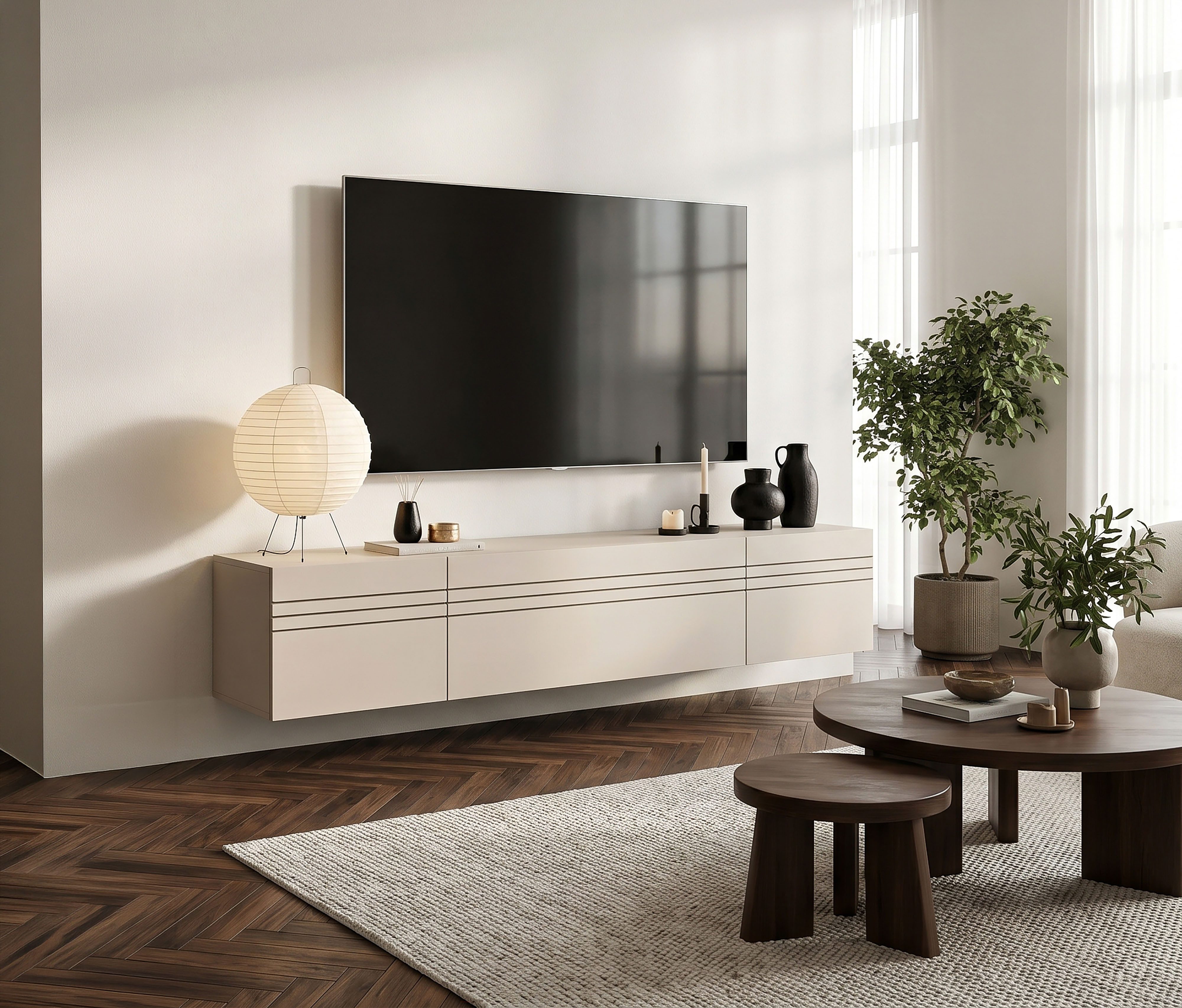 OTTO home Lowboard SPIAGGIA, 3-teiliges Set, Breite 180cm, stehend & hängend montierbar (Grifflose Fronten mit Gasdruckfeder, Fronten mit horizontaler Fräsung), TV-Möbel, TV-Schrank, TV-Lowboard, Mediaboard