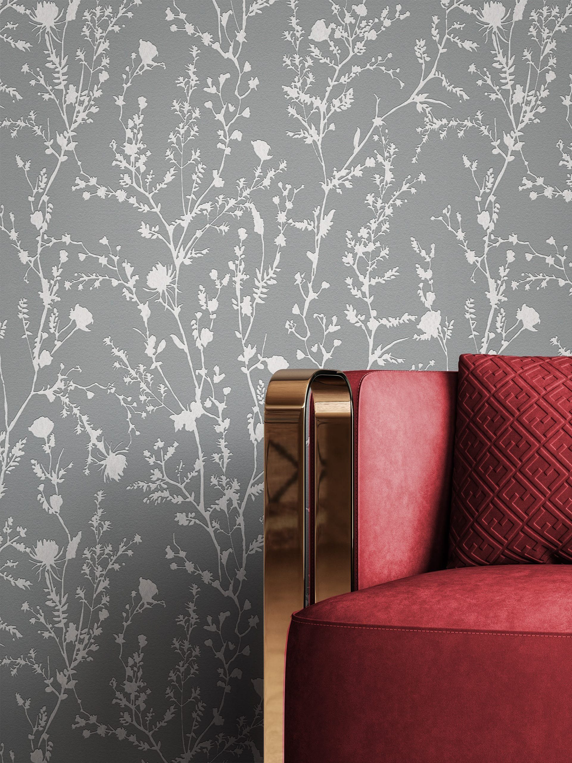Newroom Vliestapete Katya Dark Grey Tapete Blumentapete Blumen,Blätter,Zweige, Anthrazit Tapete Modern Blumen - Blumentapete Rosentapete Silber Glamour Industrial Blätter Zweige für Schlafzimmer Wohnzimmer Küche, Rosentapete